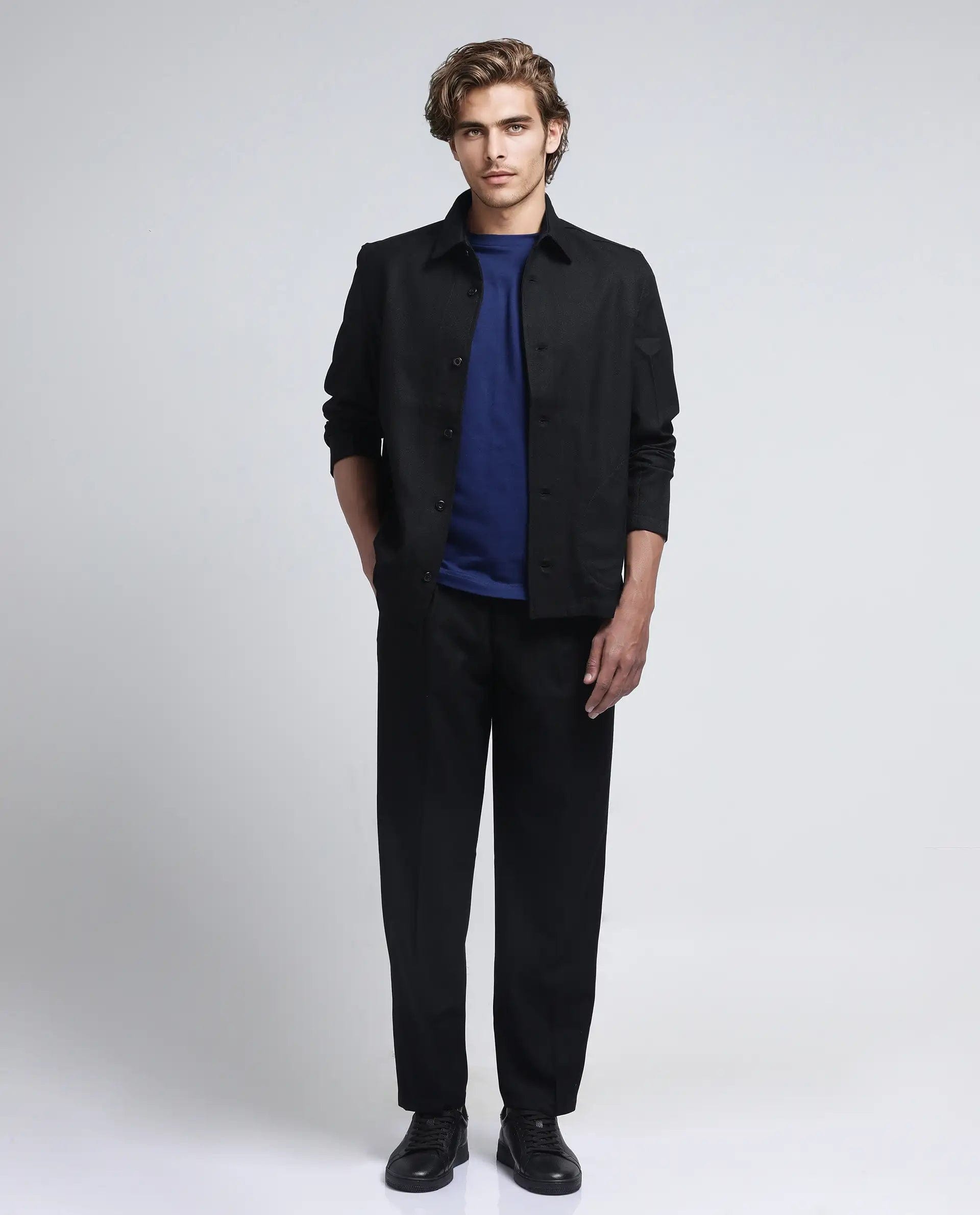 RARE Rabbit Men's Aront Black Polyester Plain Relaxed Fit Full Sleeve Spread Collar Jacket