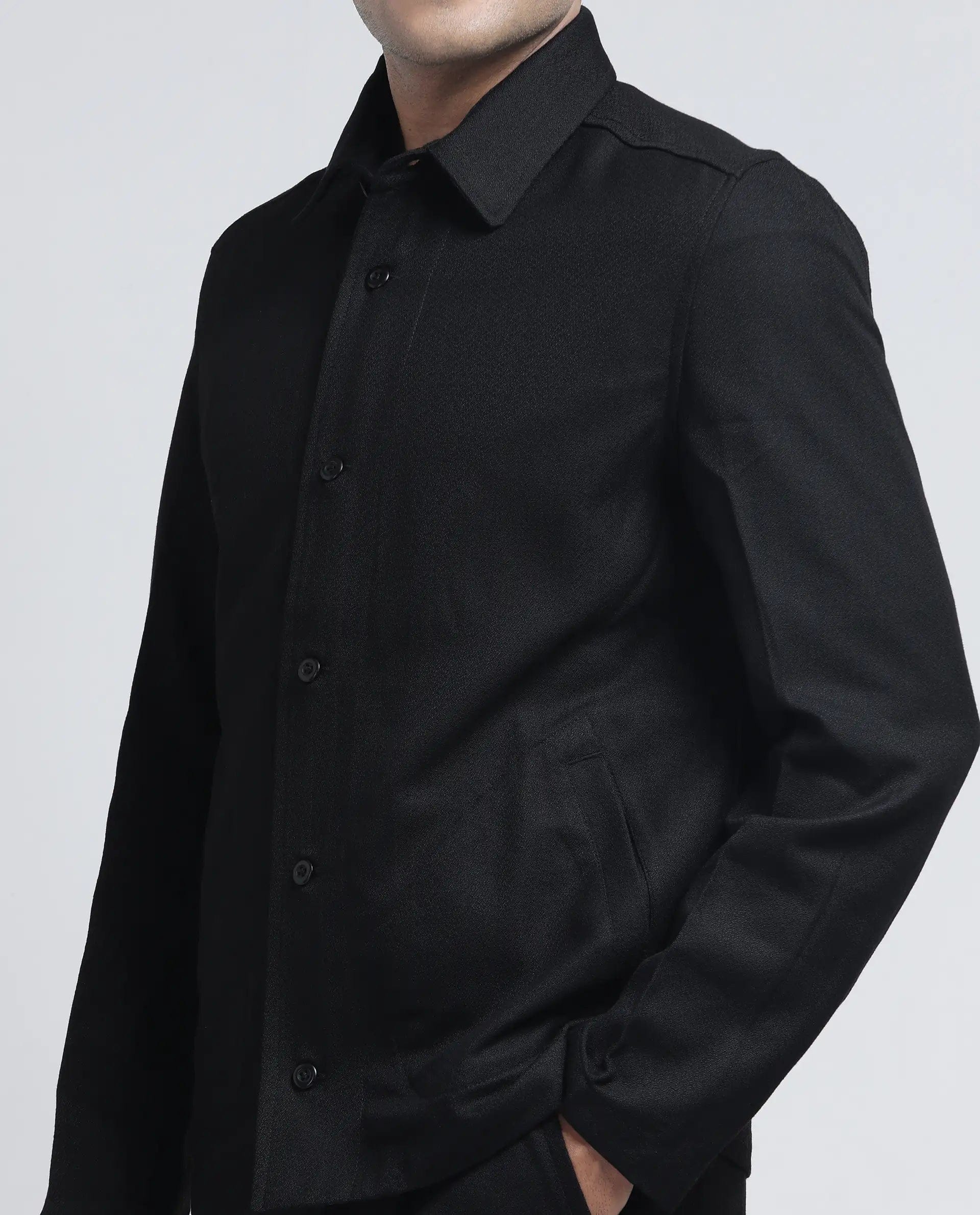 RARE Rabbit Men's Aront Black Polyester Plain Relaxed Fit Full Sleeve Spread Collar Jacket