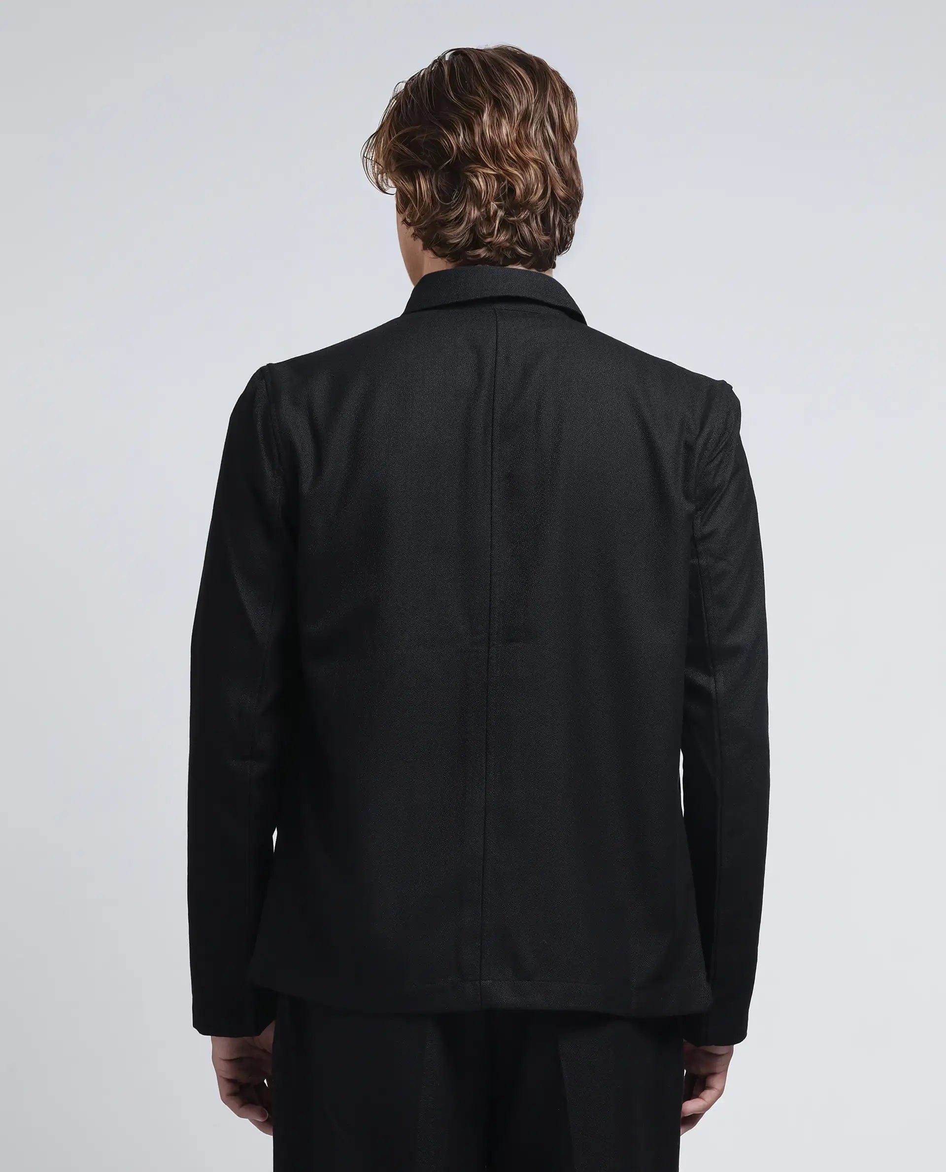 RARE Rabbit Men's Aront Black Polyester Plain Relaxed Fit Full Sleeve Spread Collar Jacket