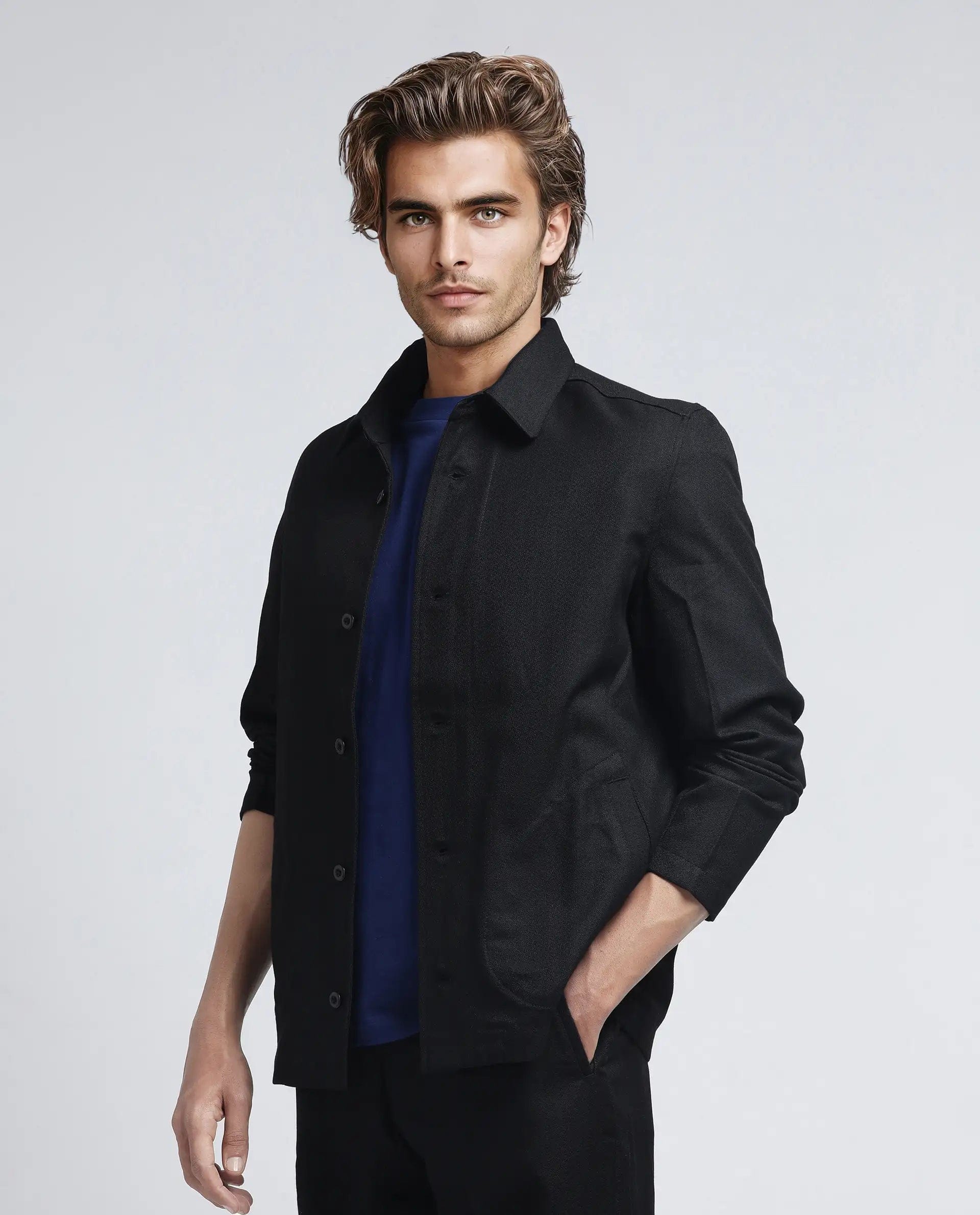 RARE Rabbit Men's Aront Black Polyester Plain Relaxed Fit Full Sleeve Spread Collar Jacket