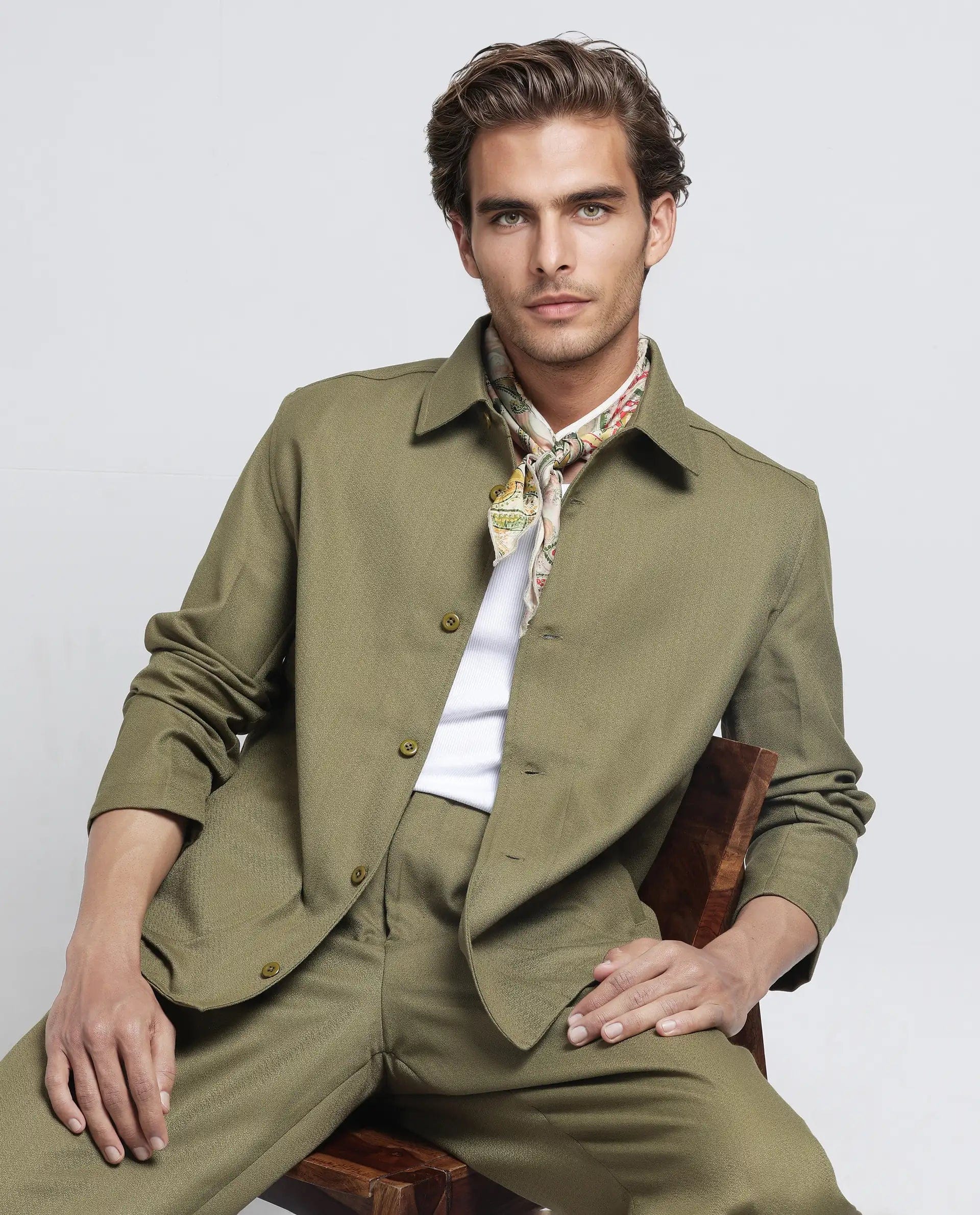 RARE Rabbit Men's Aront Olive Polyester Plain Relaxed Fit Full Sleeve Spread Collar Jacket