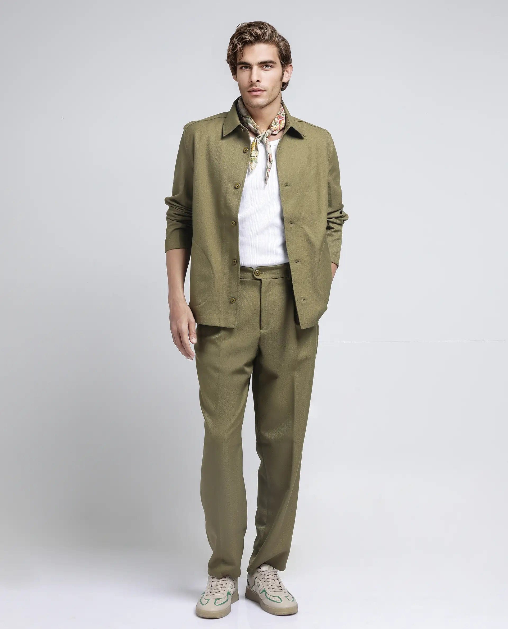 RARE Rabbit Men's Aront Olive Polyester Plain Relaxed Fit Full Sleeve Spread Collar Jacket