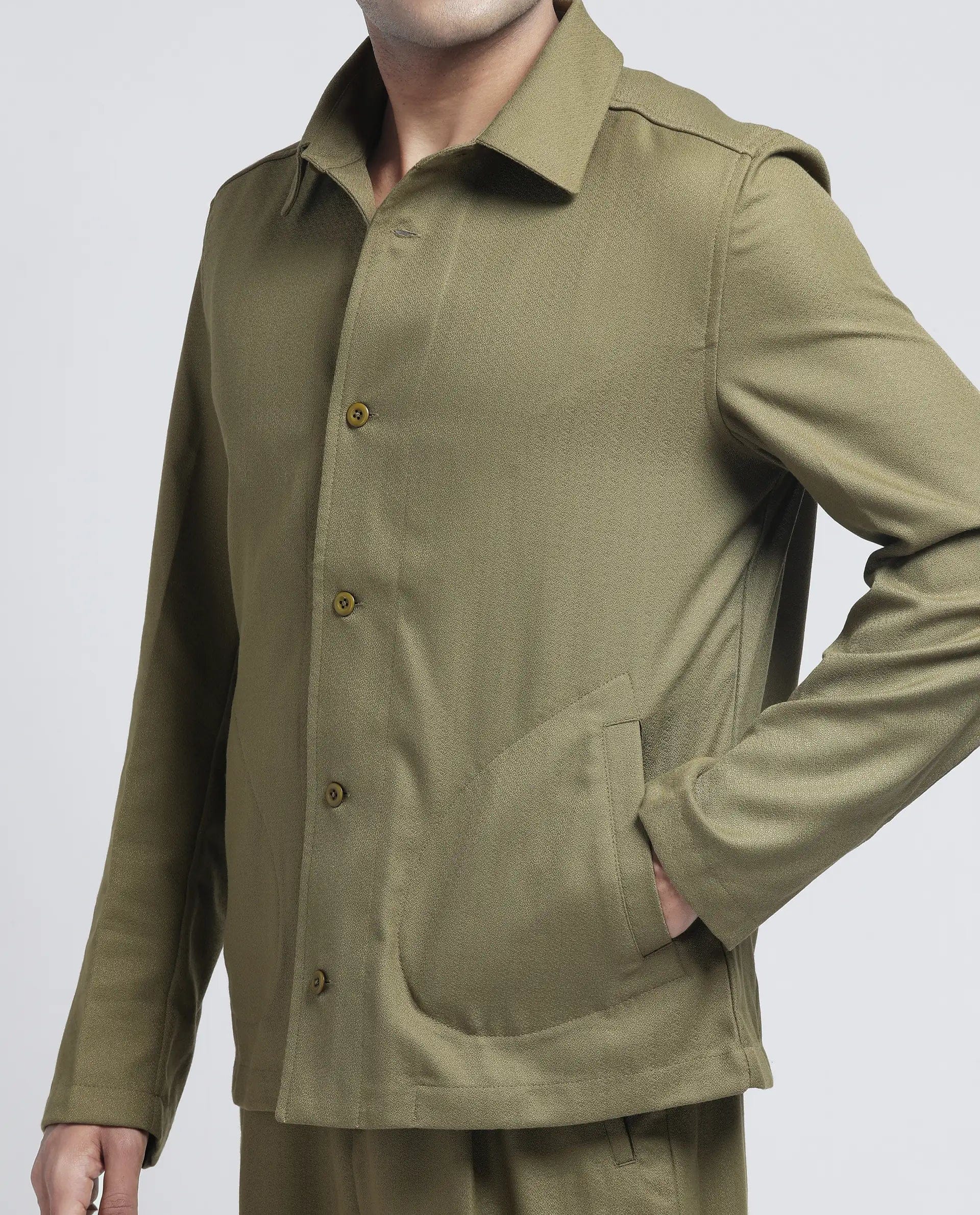 RARE Rabbit Men's Aront Olive Polyester Plain Relaxed Fit Full Sleeve Spread Collar Jacket