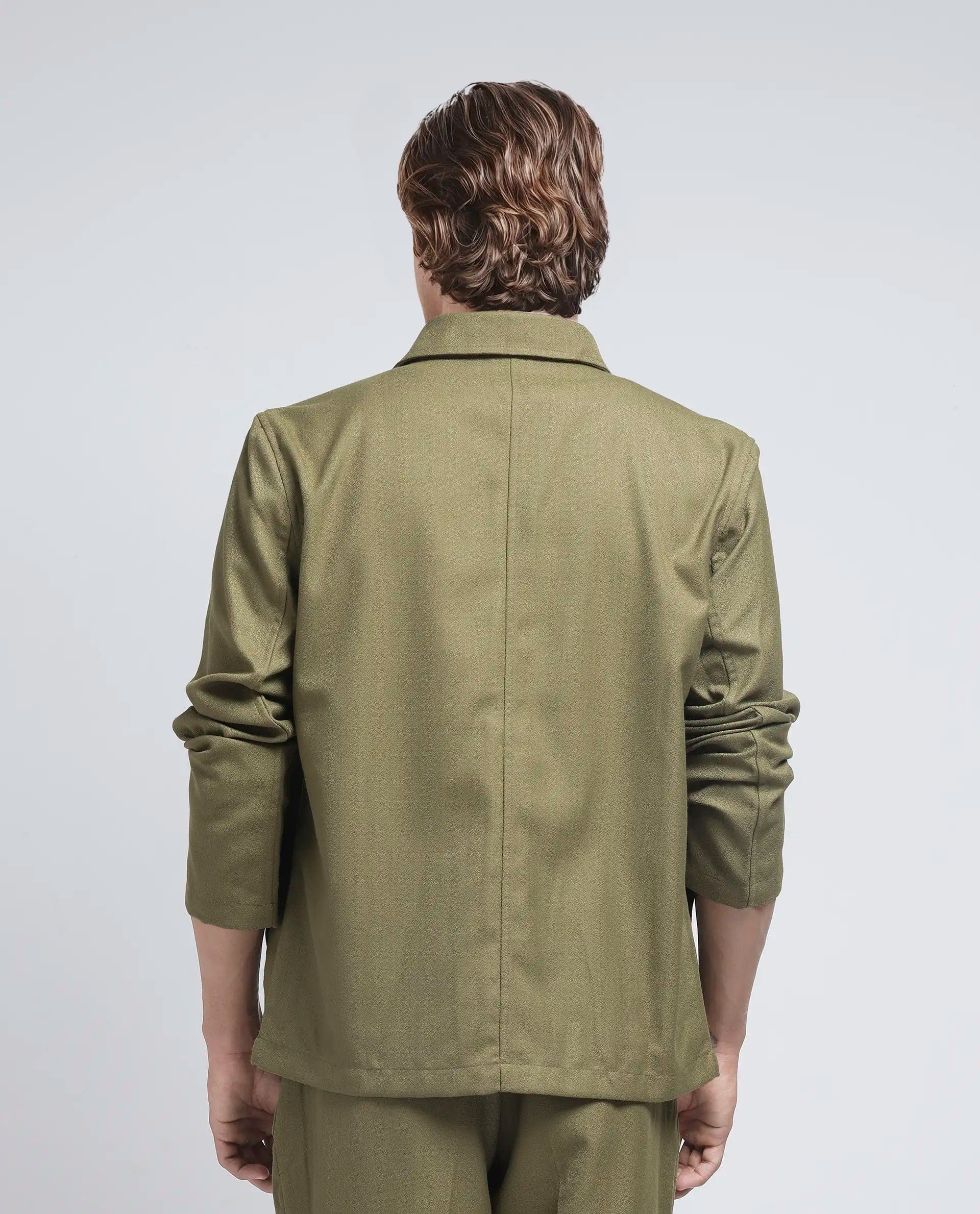 RARE Rabbit Men's Aront Olive Polyester Plain Relaxed Fit Full Sleeve Spread Collar Jacket