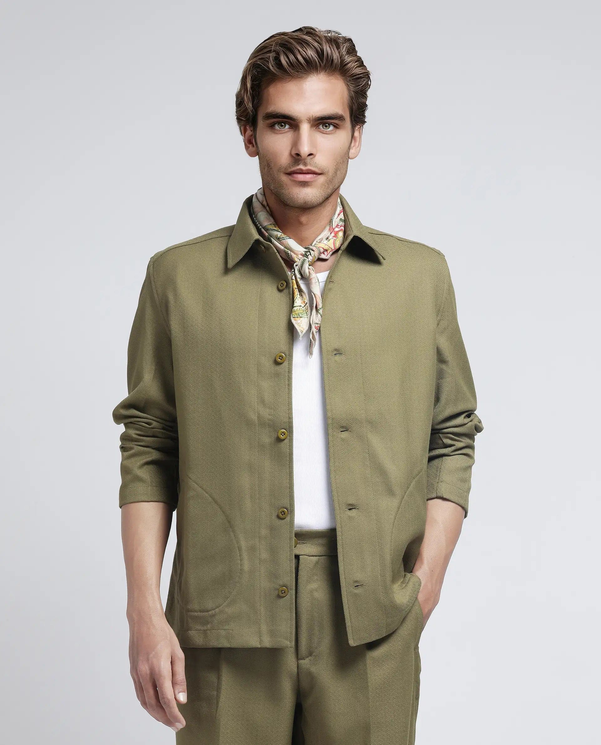 RARE Rabbit Men's Aront Olive Polyester Plain Relaxed Fit Full Sleeve Spread Collar Jacket