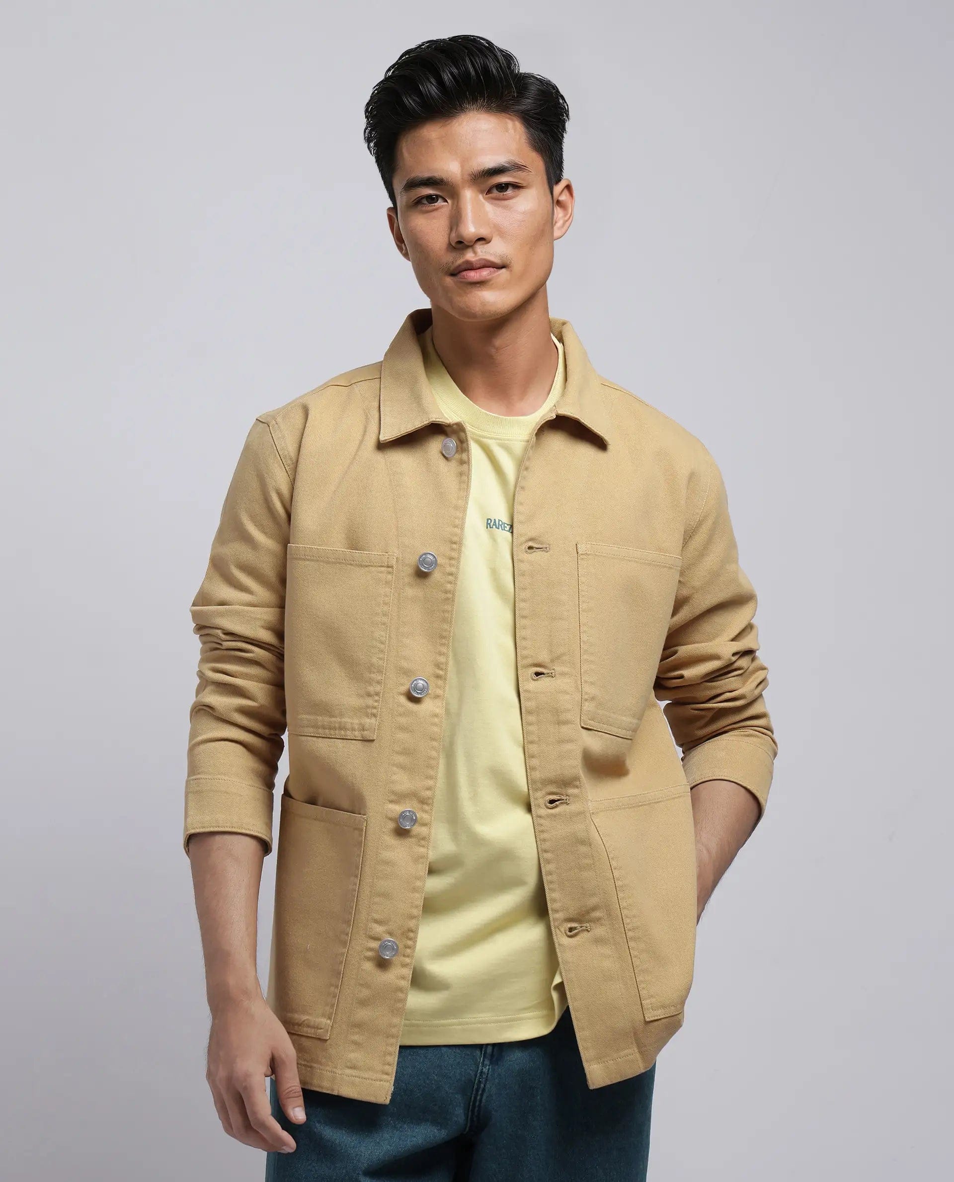 RARE Rabbit Men's Brond Beige Cotton Plain Regular Fit Full Sleeve Spread Collar Denim Jacket