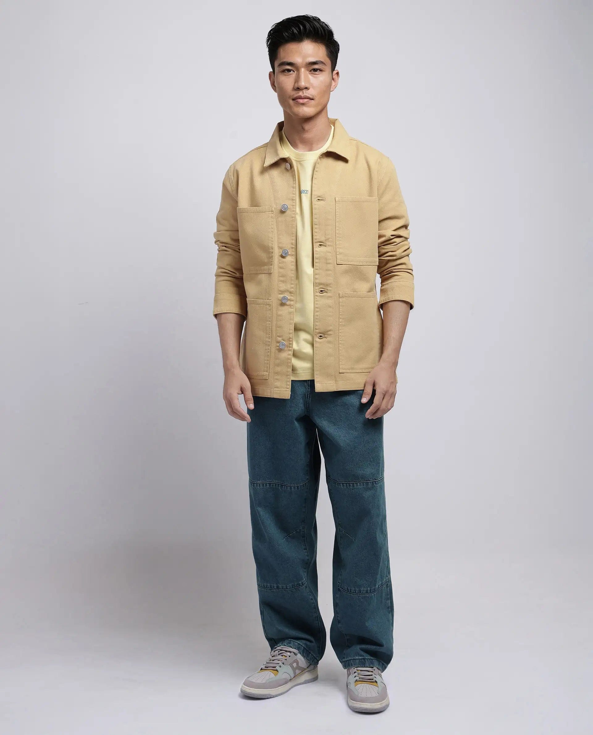 RARE Rabbit Men's Brond Beige Cotton Plain Regular Fit Full Sleeve Spread Collar Denim Jacket