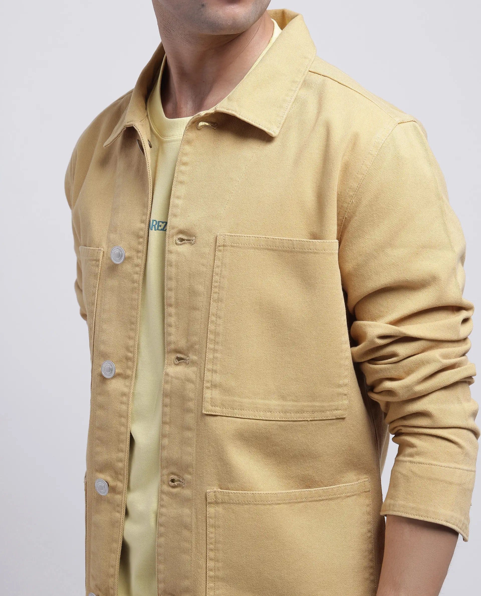 RARE Rabbit Men's Brond Beige Cotton Plain Regular Fit Full Sleeve Spread Collar Denim Jacket
