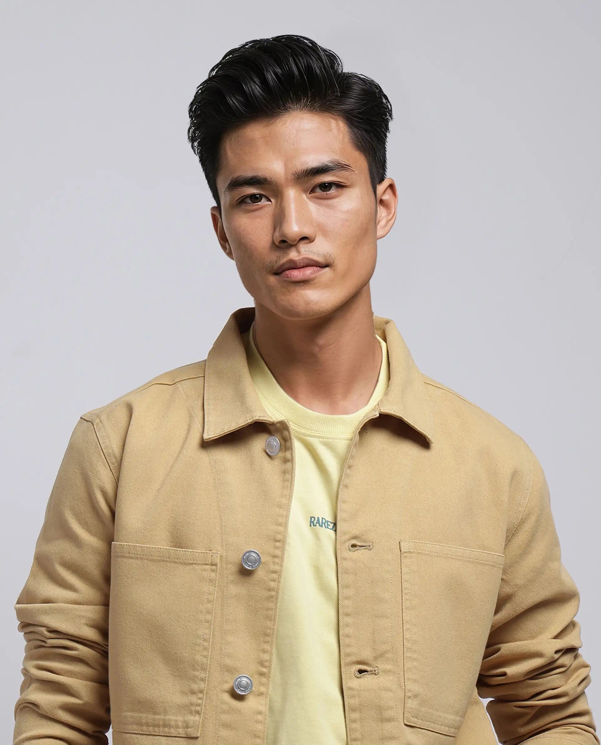 RARE Rabbit Men's Brond Beige Cotton Plain Regular Fit Full Sleeve Spread Collar Denim Jacket