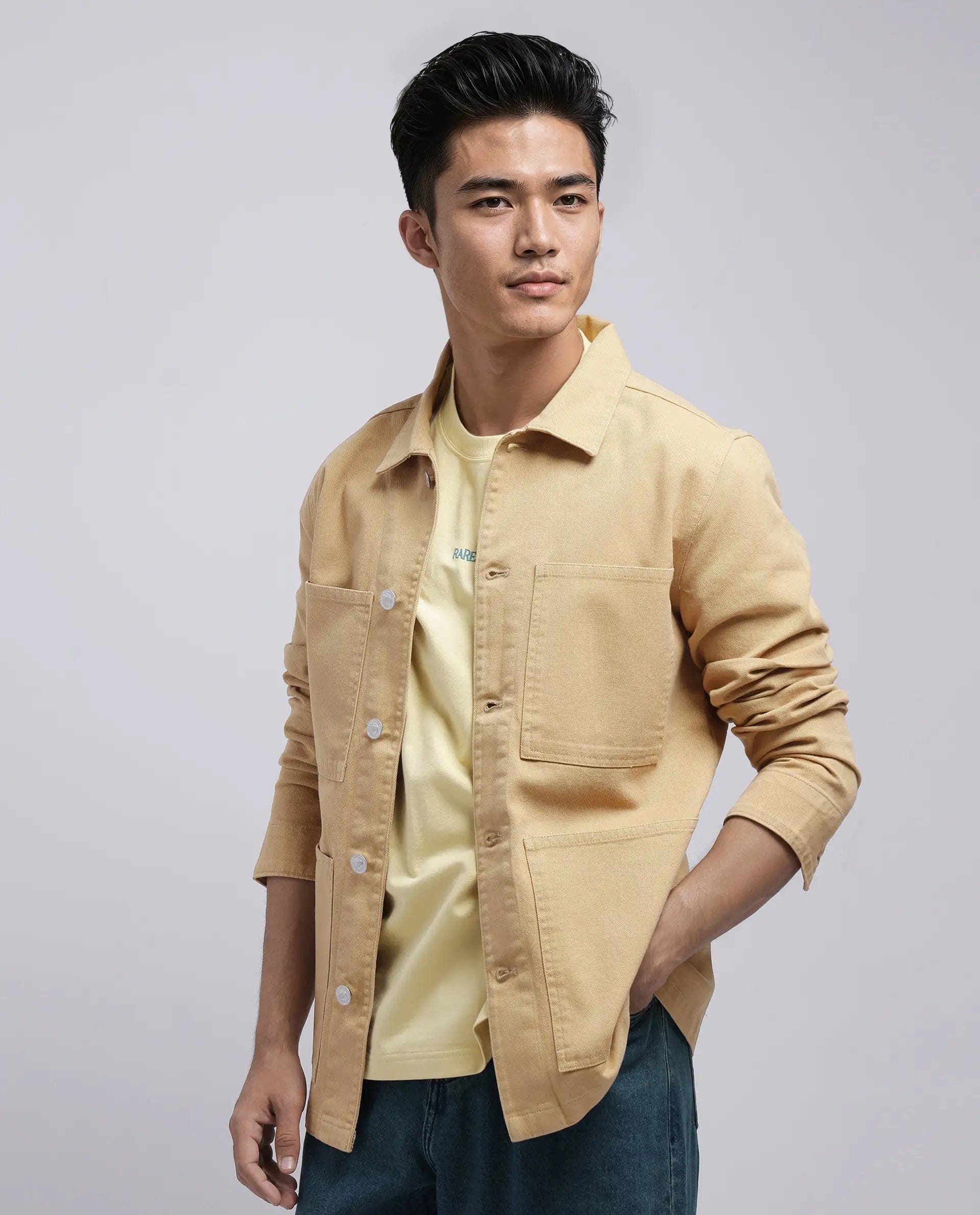 RARE Rabbit Men's Brond Beige Cotton Plain Regular Fit Full Sleeve Spread Collar Denim Jacket