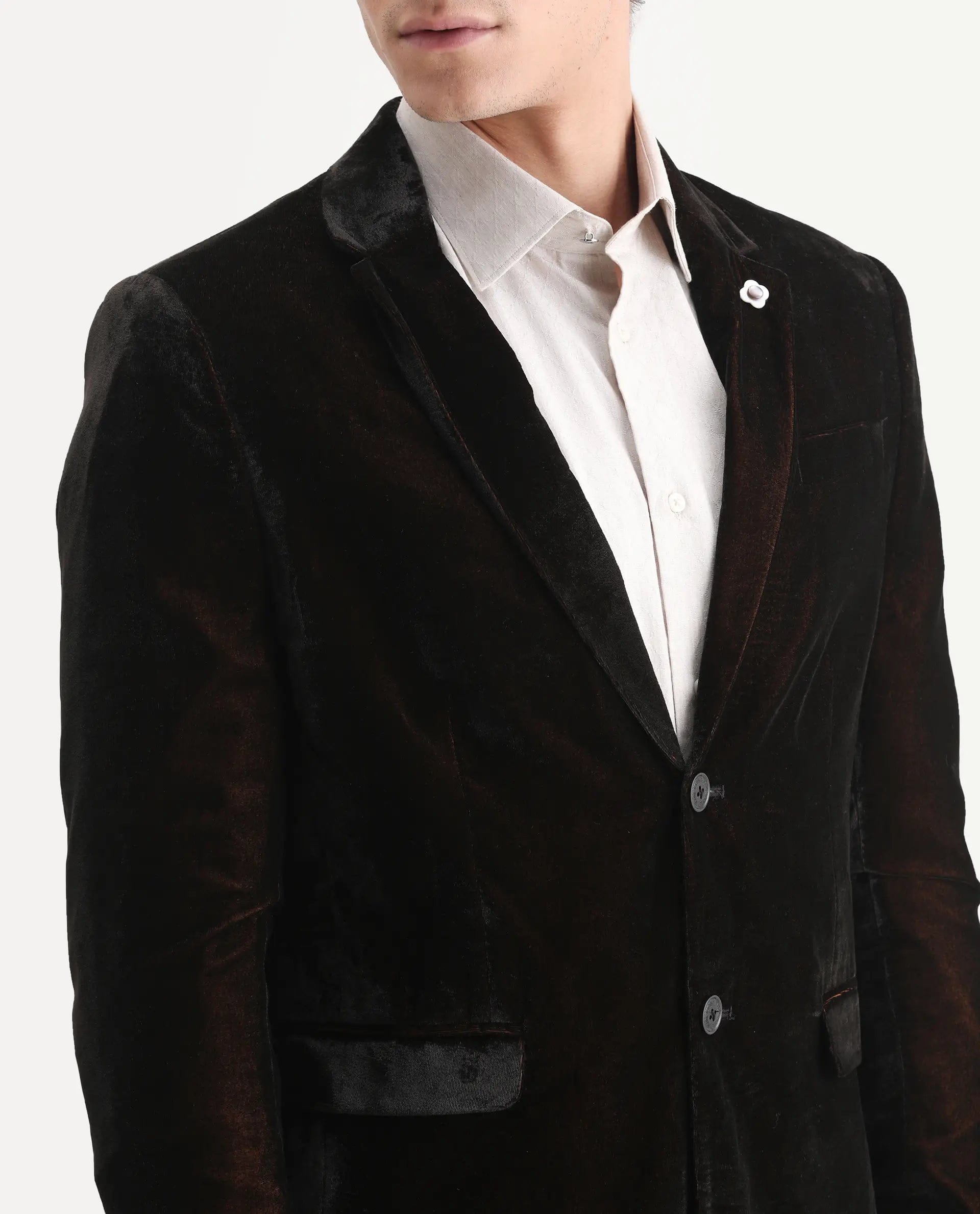 RARE Rabbit Men's Velter Dark Mustard Velvet Plain Tailored Fit Full Sleeve Lapel Neck Blazer