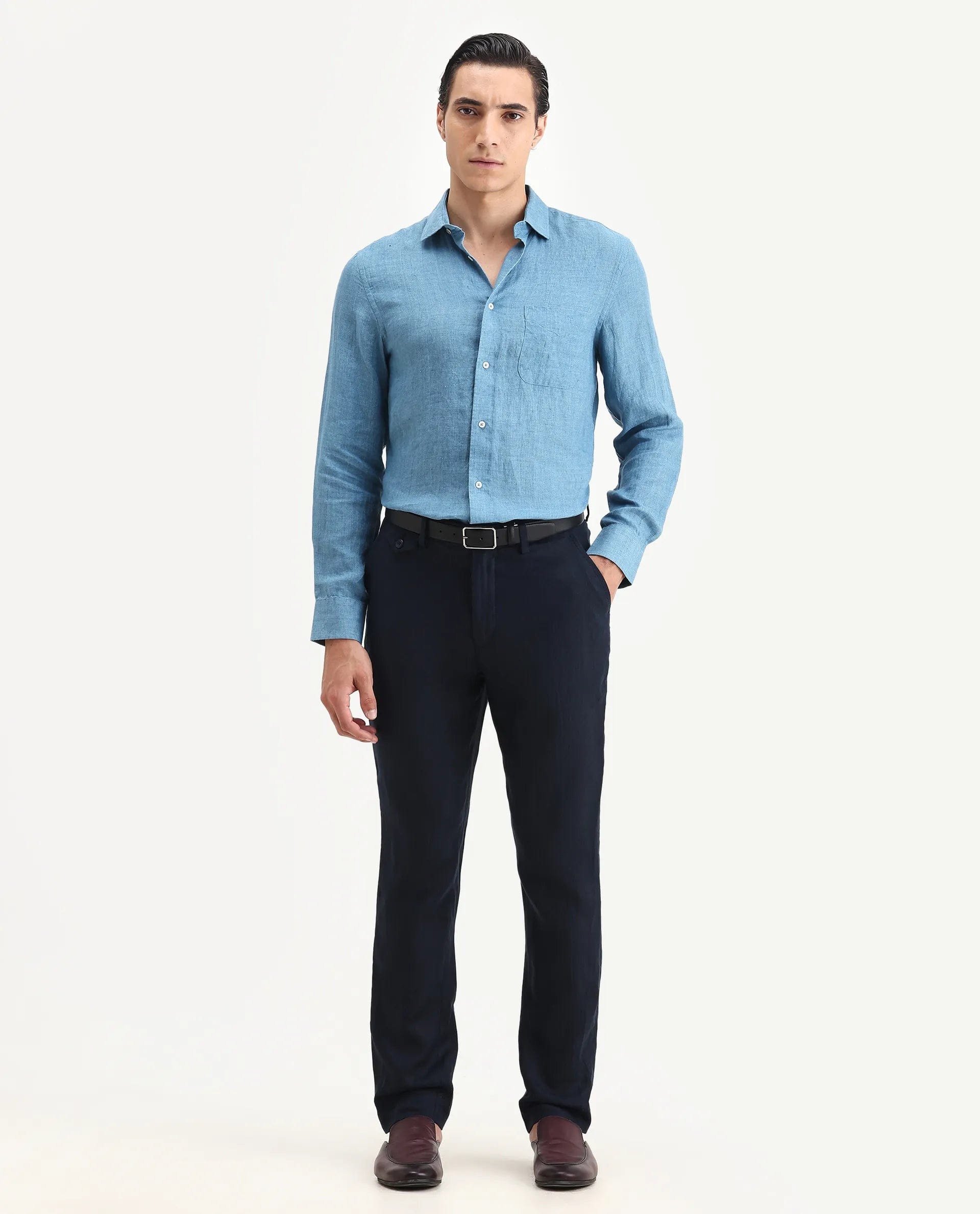 RARE Rabbit Men's Arcelo - 2 Navy Linen Plain Regular Fit Trouser