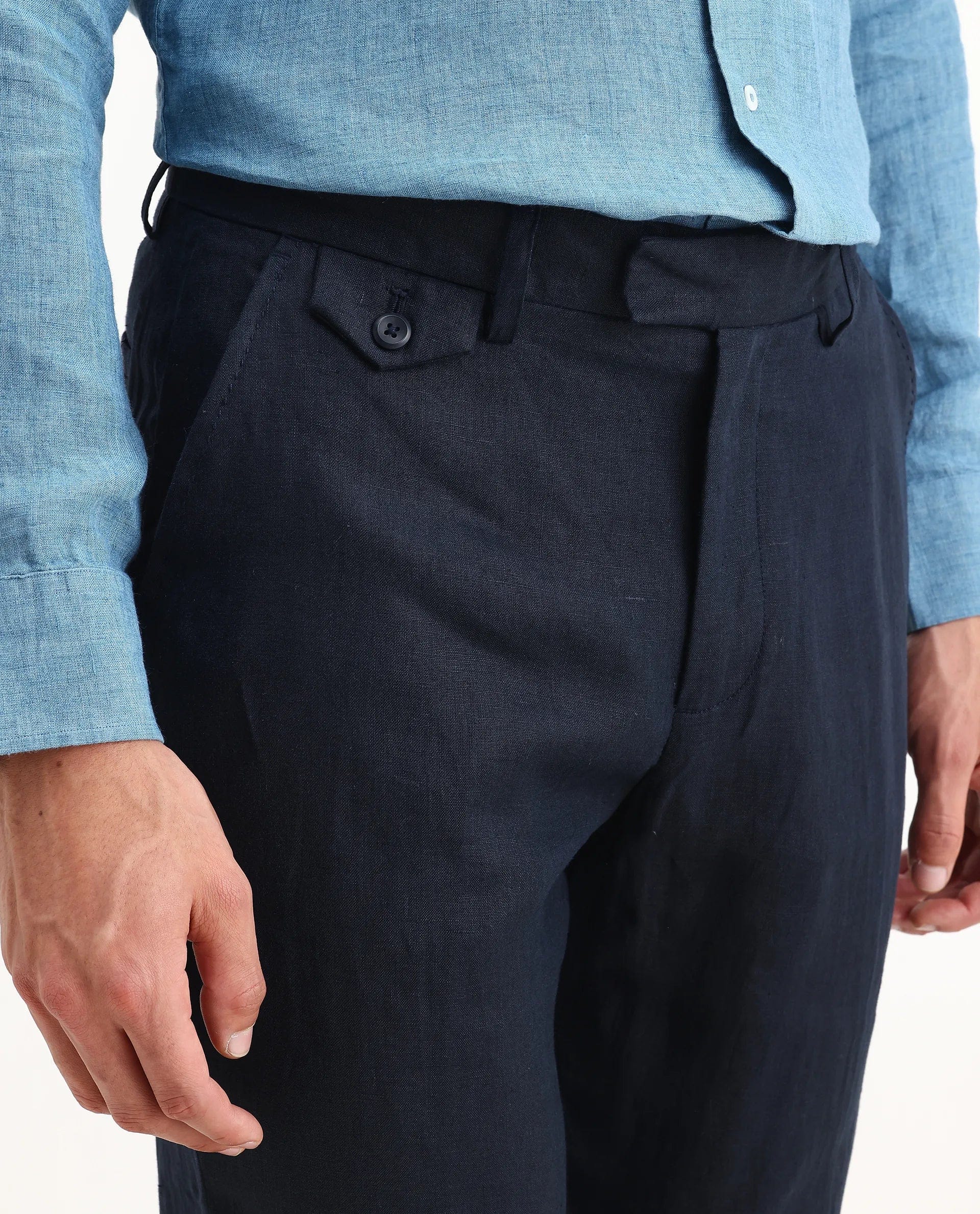 RARE Rabbit Men's Arcelo - 2 Navy Linen Plain Regular Fit Trouser