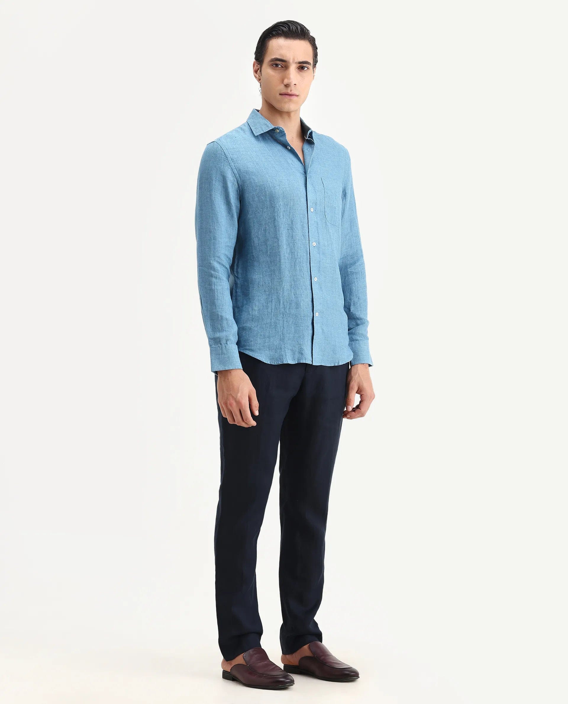 RARE Rabbit Men's Arcelo - 2 Navy Linen Plain Regular Fit Trouser