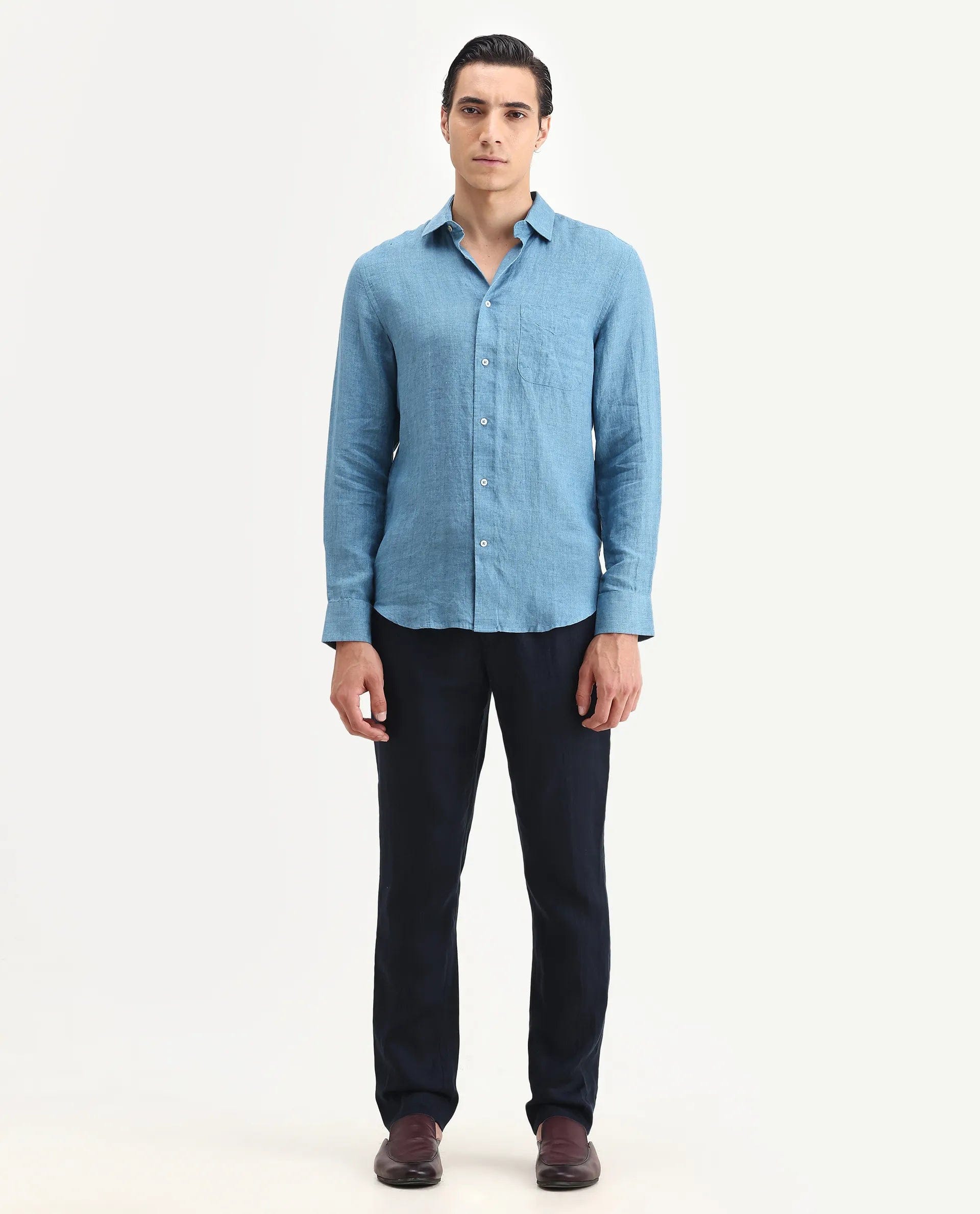 RARE Rabbit Men's Arcelo - 2 Navy Linen Plain Regular Fit Trouser