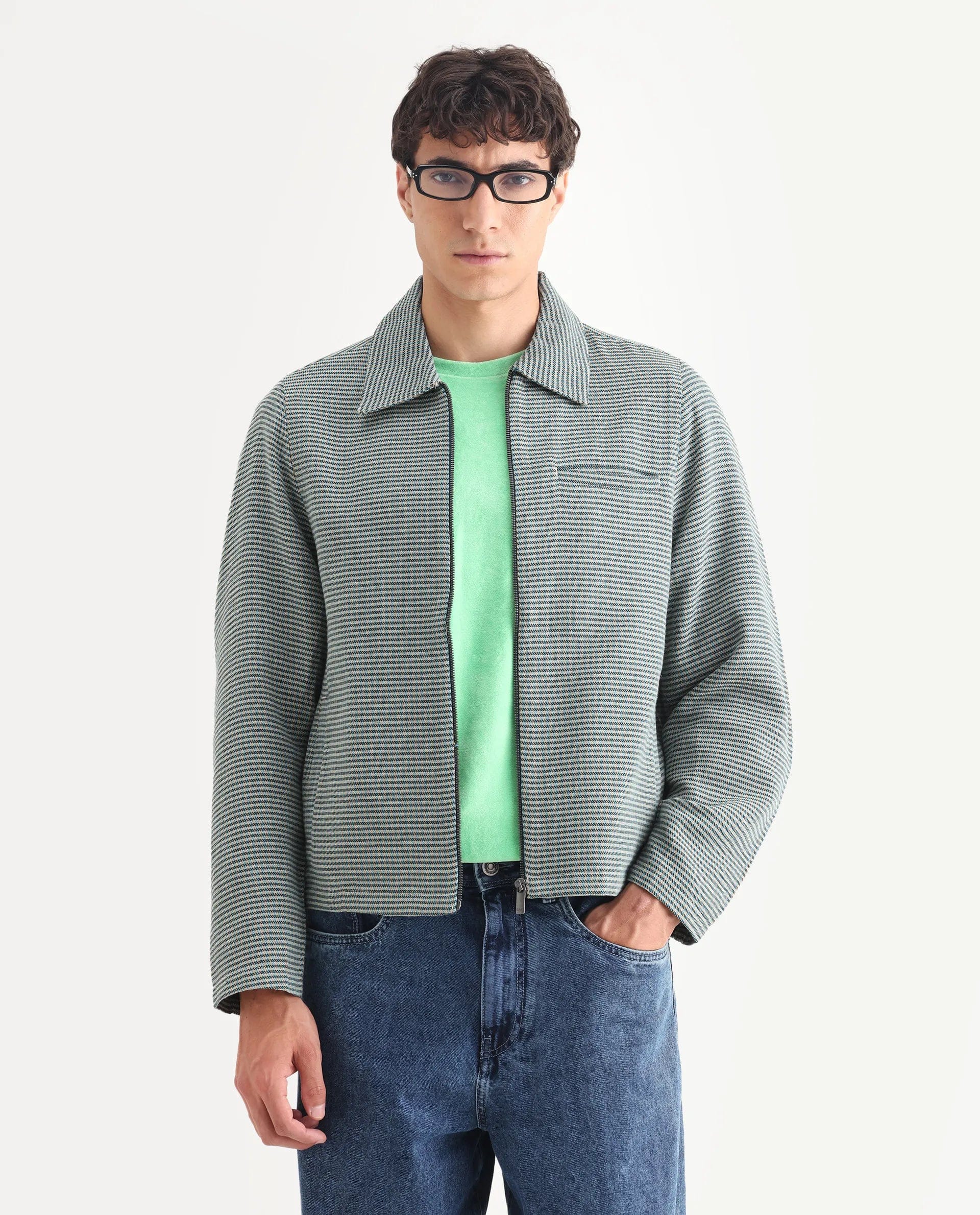 RARE Rabbit Men's Pexrul Teal Cotton Checked Print Relaxed Fit Full Sleeve Spread Collar Jacket