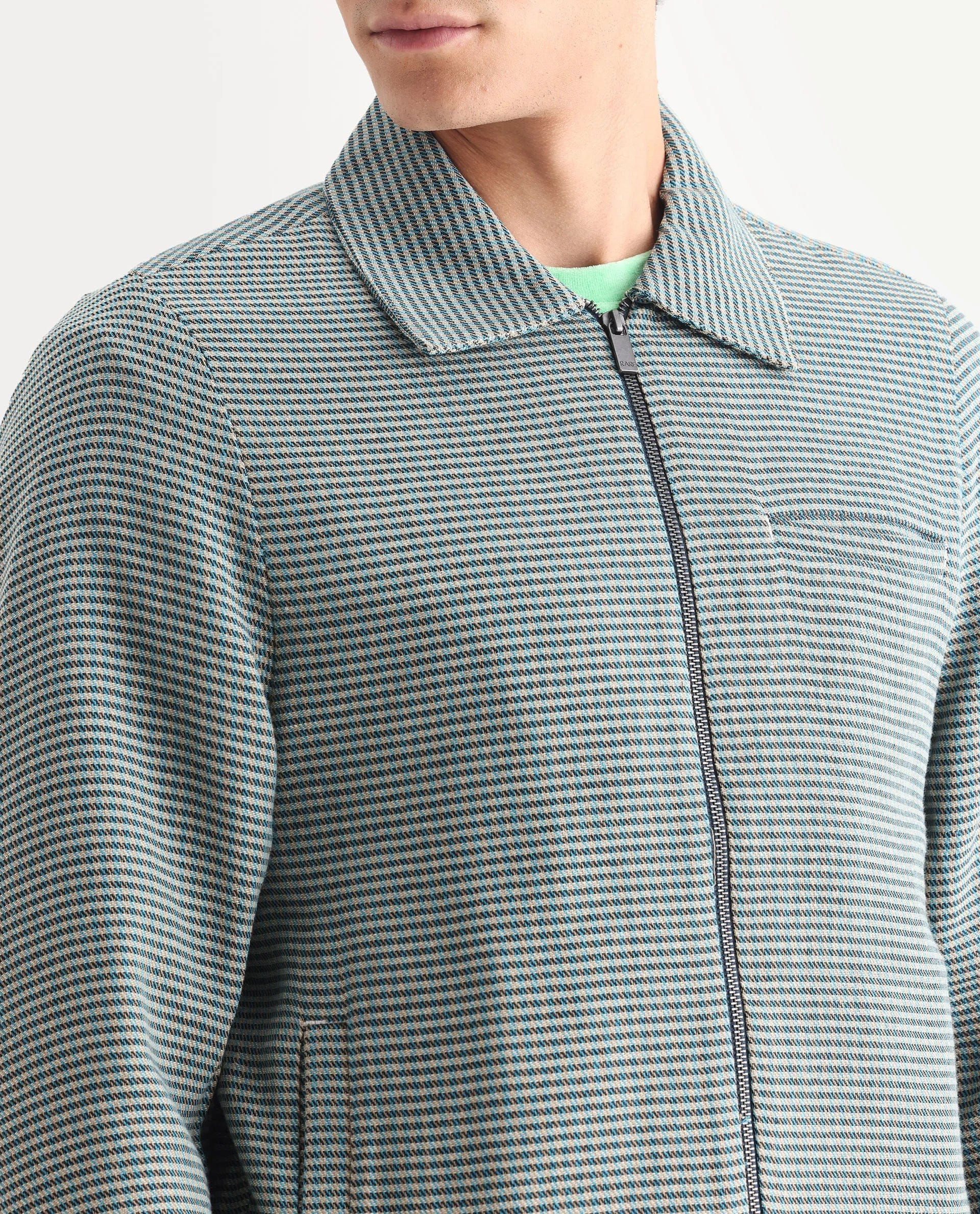 RARE Rabbit Men's Pexrul Teal Cotton Checked Print Relaxed Fit Full Sleeve Spread Collar Jacket