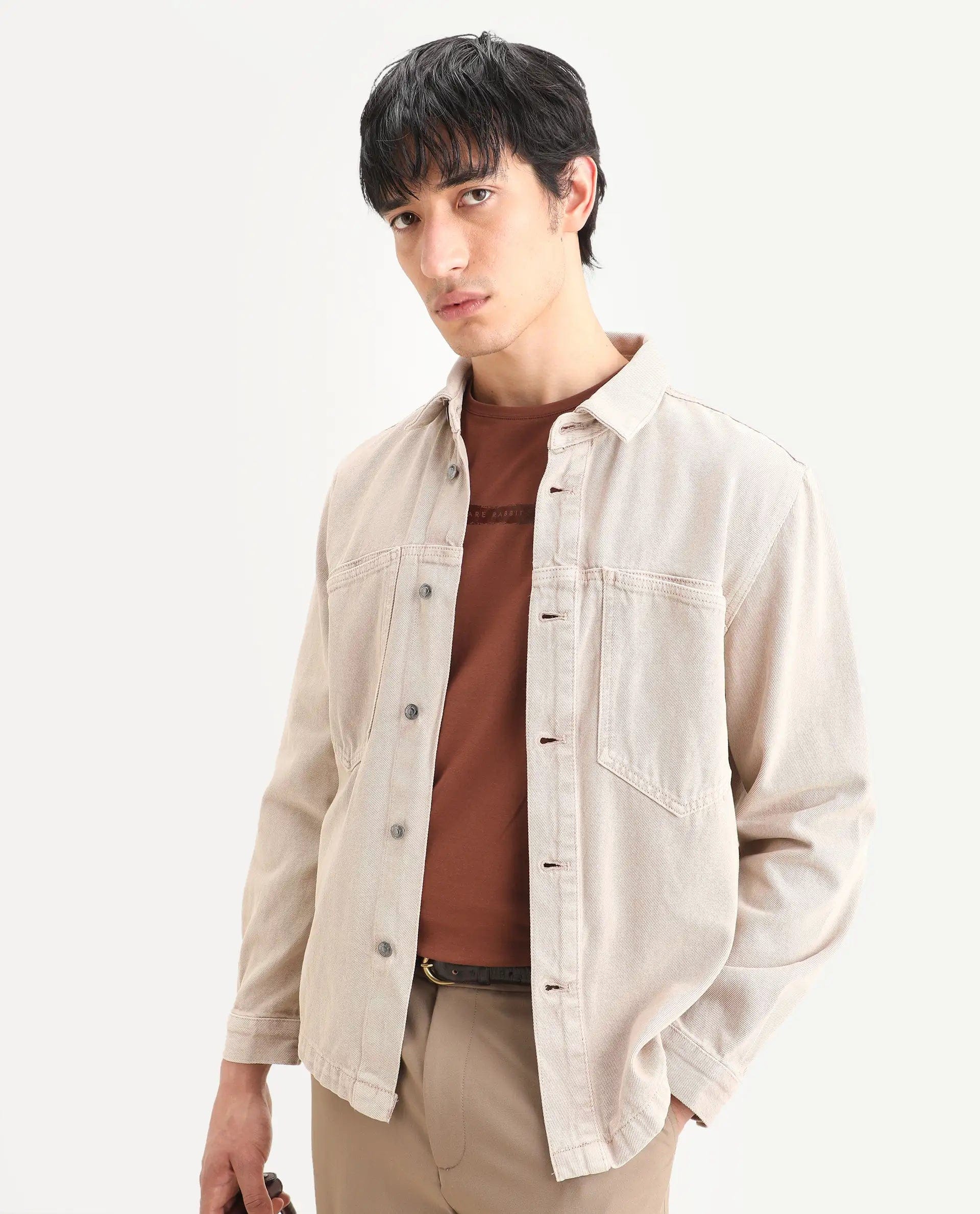 RARE Rabbit Men's Tycho Beige Cotton Plain Oversized Fit Full Sleeve Spread Collar Jacket