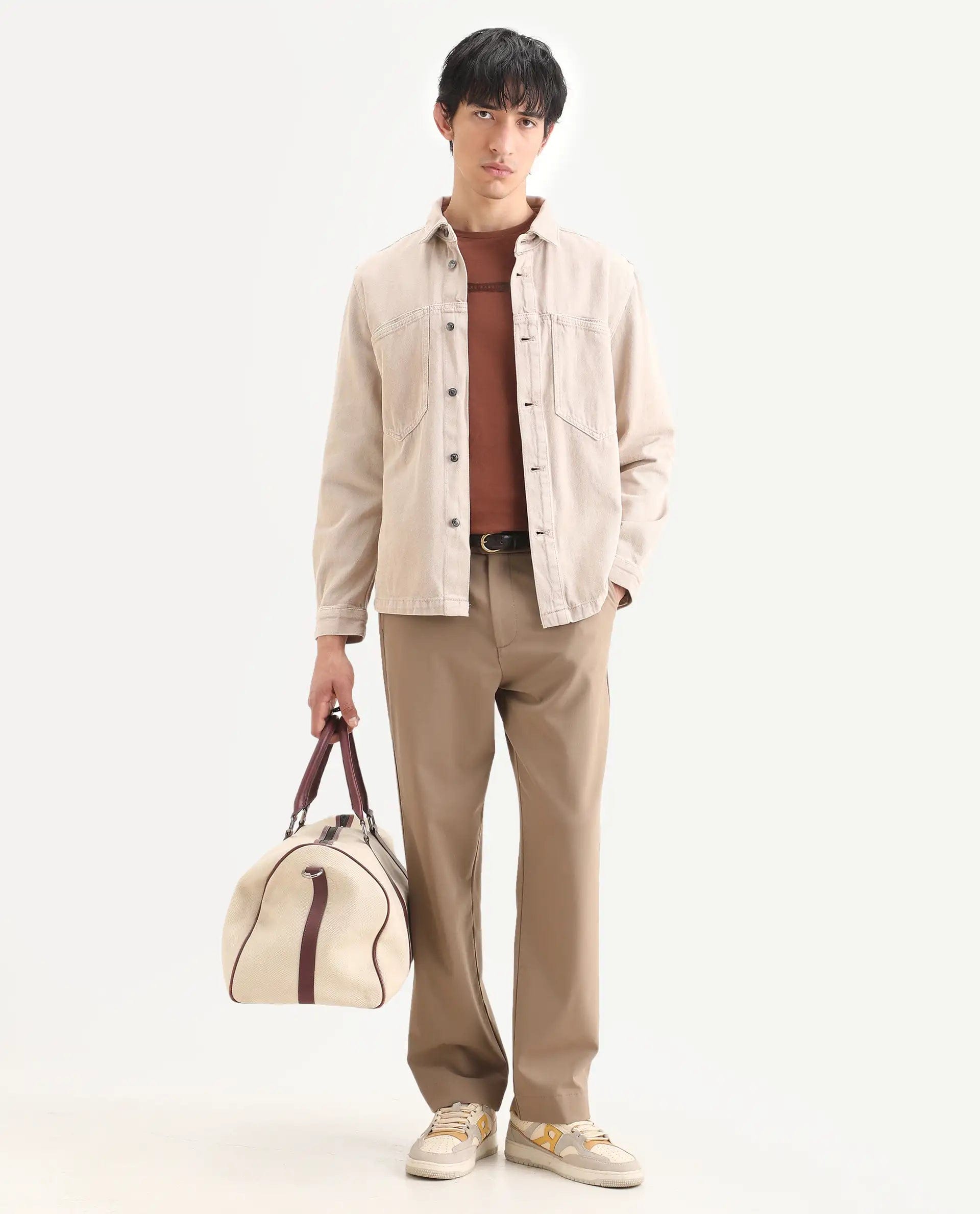 RARE Rabbit Men's Tycho Beige Cotton Plain Oversized Fit Full Sleeve Spread Collar Jacket