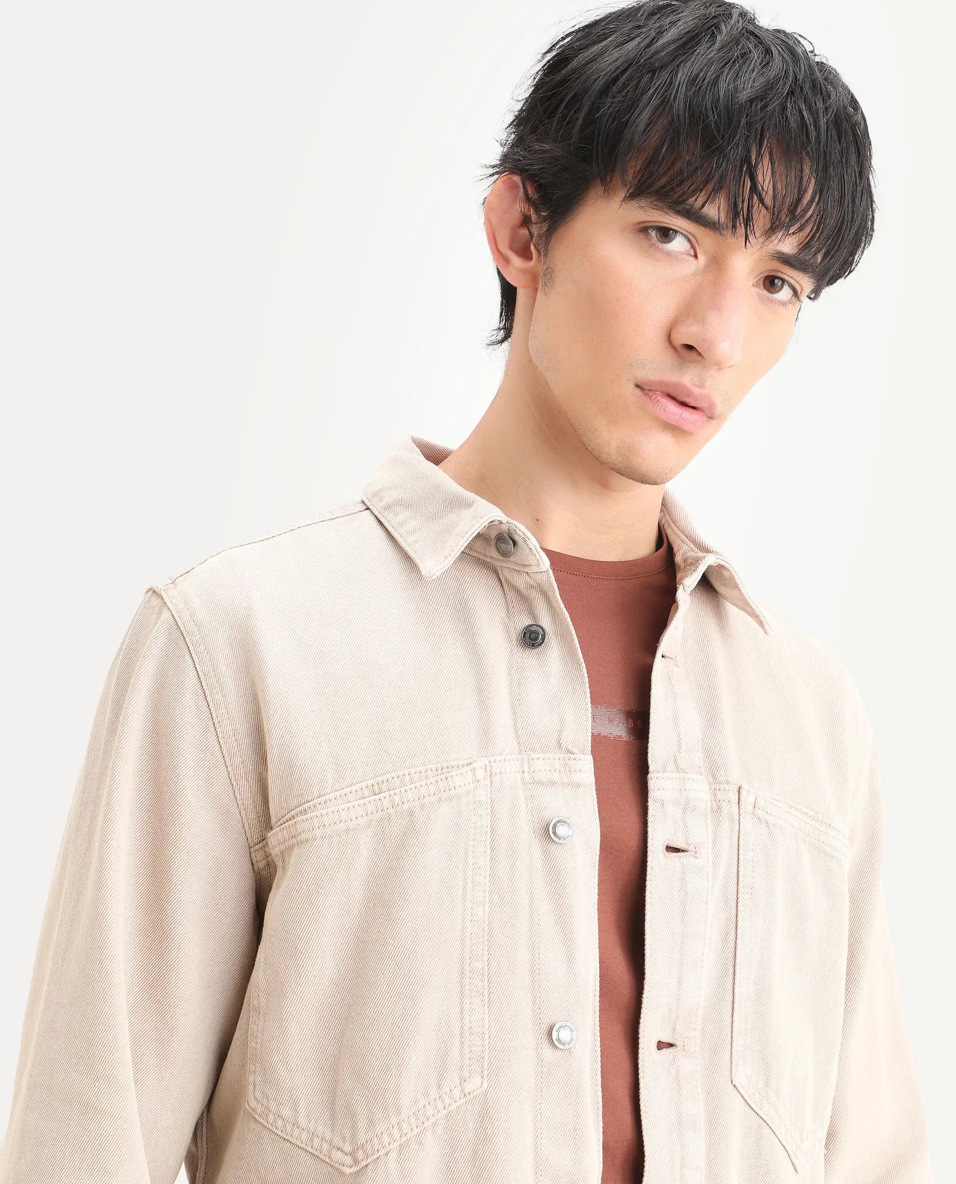 RARE Rabbit Men's Tycho Beige Cotton Plain Oversized Fit Full Sleeve Spread Collar Jacket