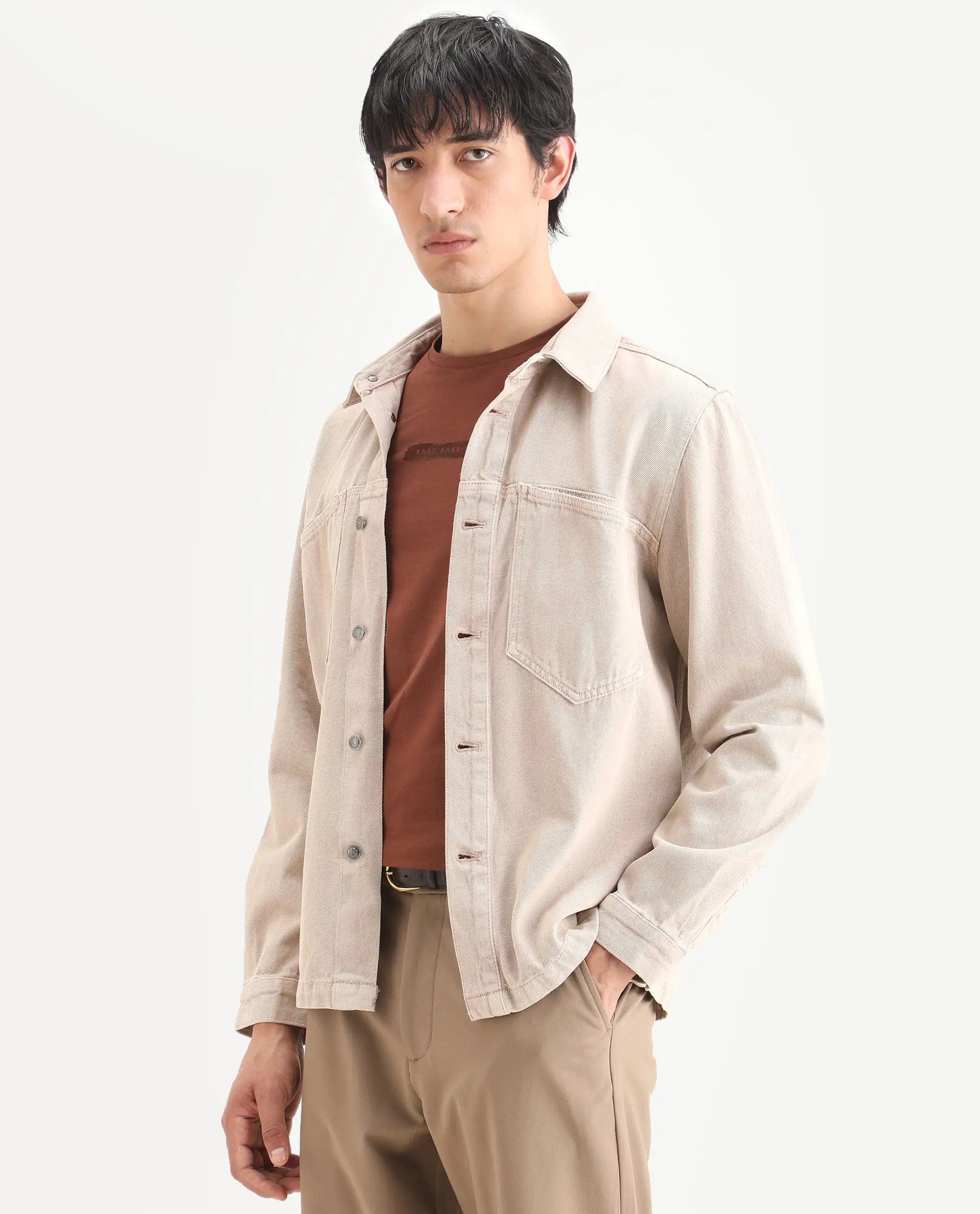 RARE Rabbit Men's Tycho Beige Cotton Plain Oversized Fit Full Sleeve Spread Collar Jacket