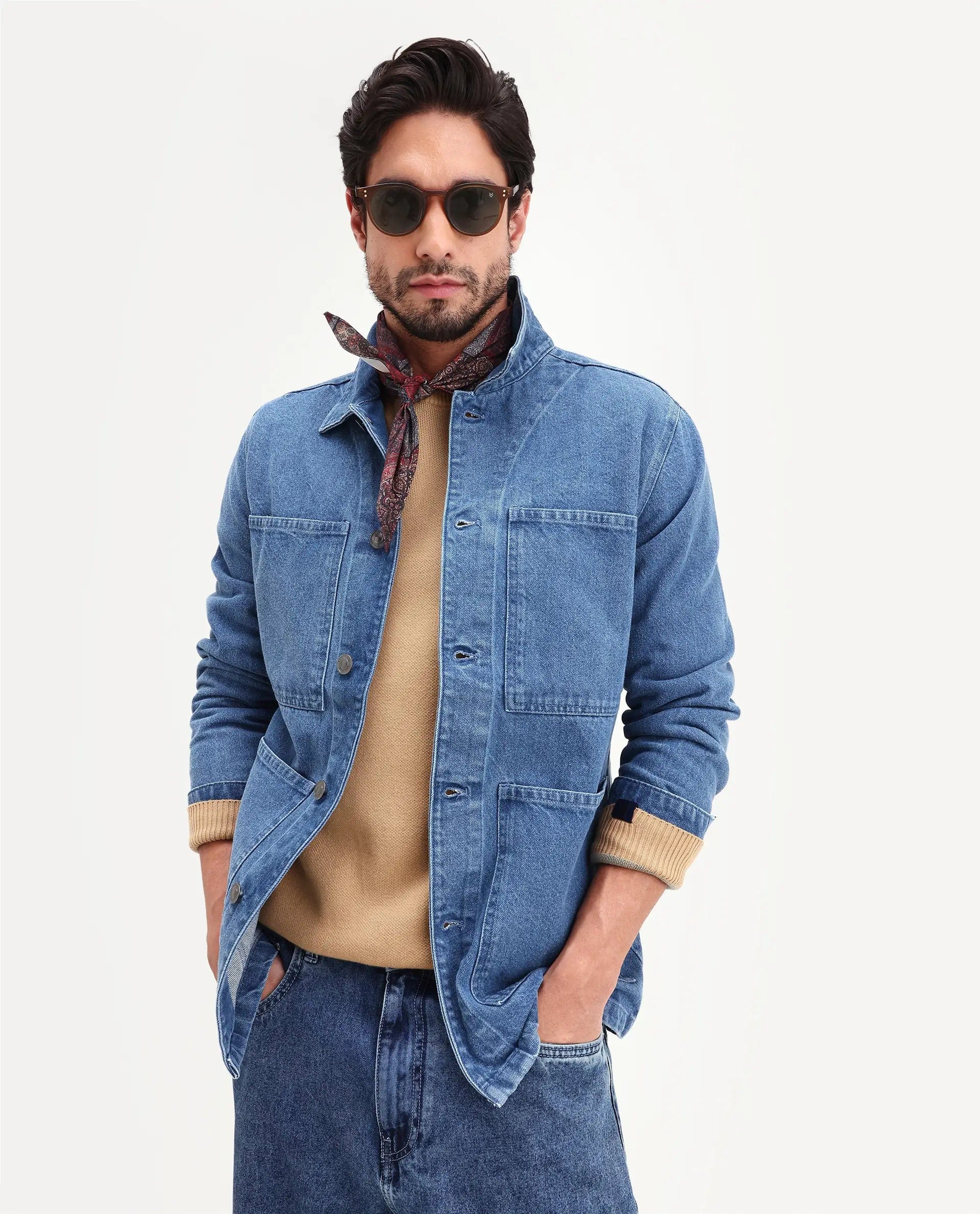 RARE Rabbit Men's Brond Blue Cotton Plain Regular Fit Full Sleeve Spread Collar Jacket