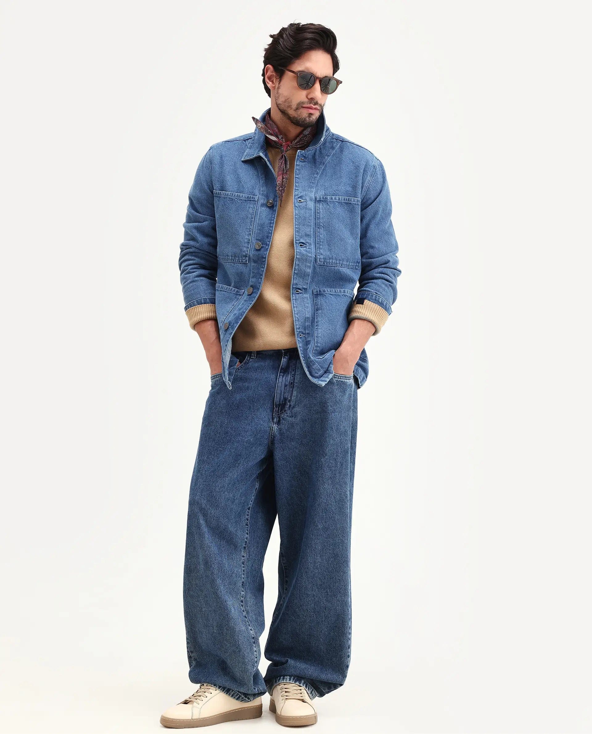 RARE Rabbit Men's Brond Blue Cotton Plain Regular Fit Full Sleeve Spread Collar Jacket