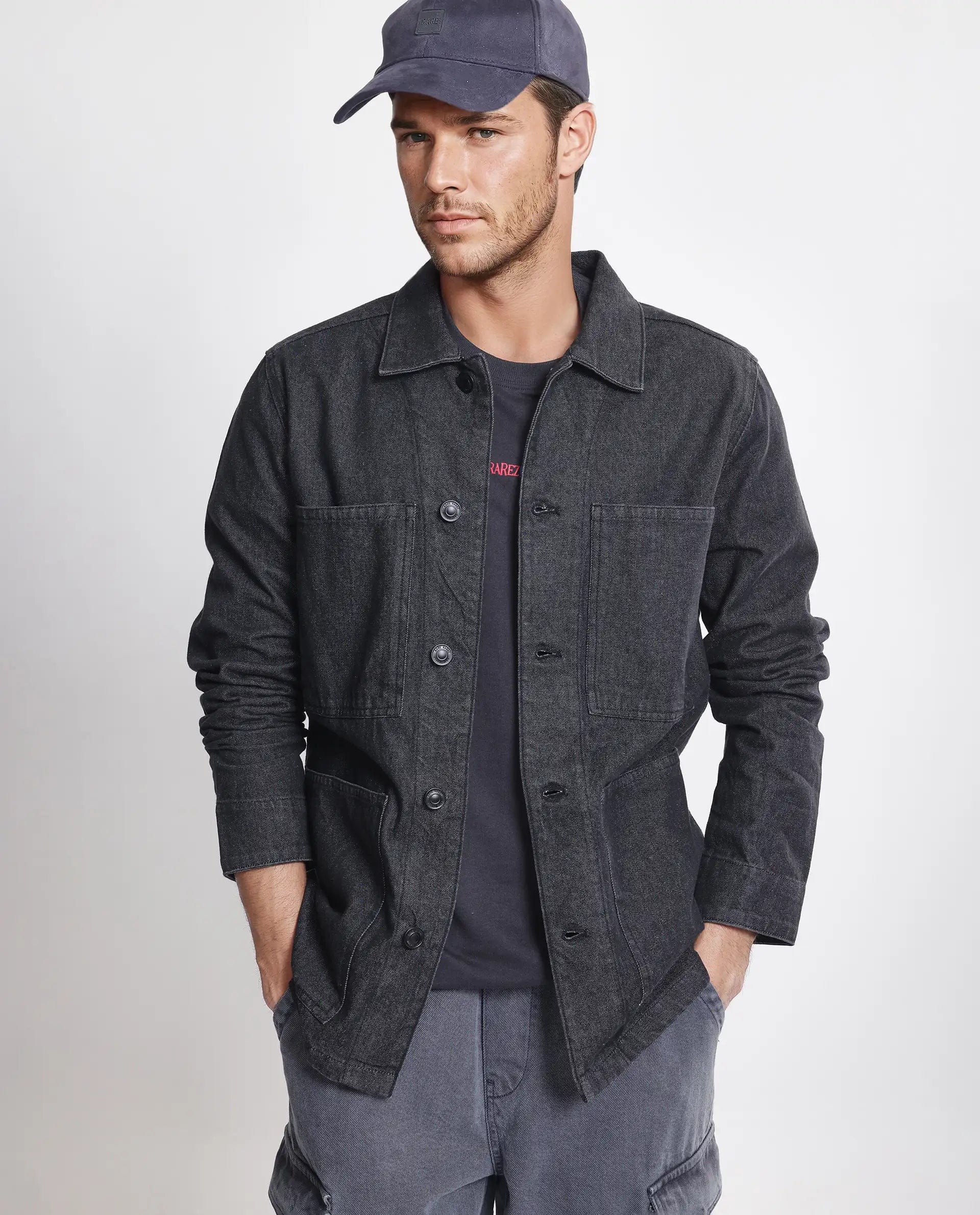 RARE Rabbit Men's Brond Black Cotton Plain Regular Fit Full Sleeve Spread Collar Jacket