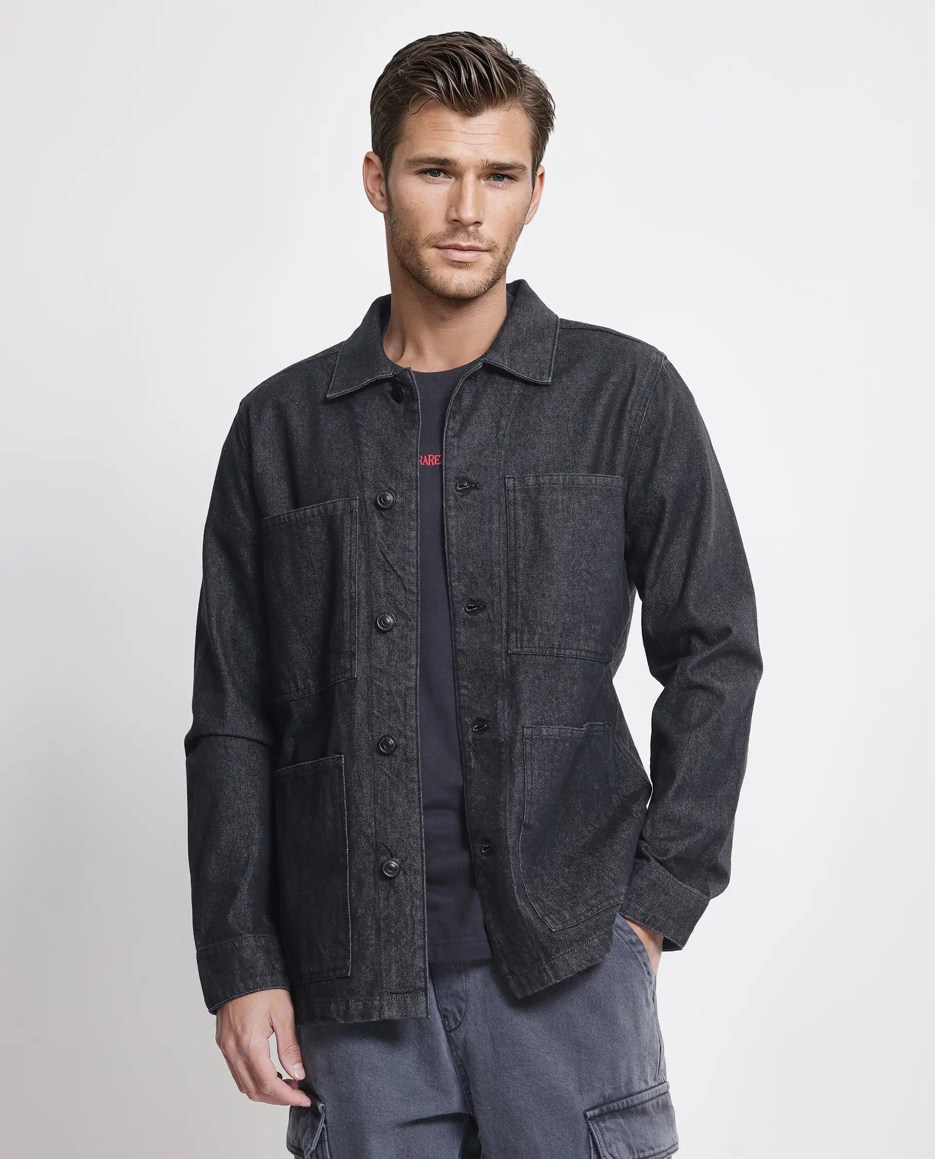 RARE Rabbit Men's Brond Black Cotton Plain Regular Fit Full Sleeve Spread Collar Jacket
