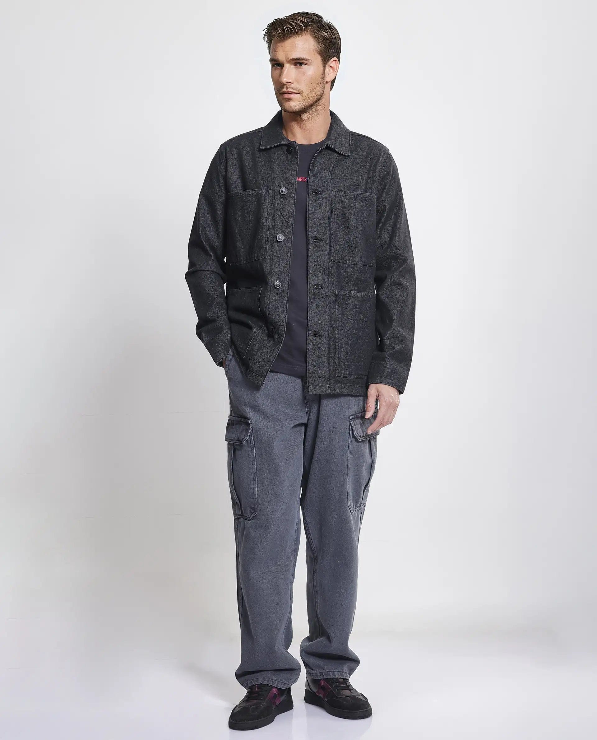 RARE Rabbit Men's Brond Black Cotton Plain Regular Fit Full Sleeve Spread Collar Jacket