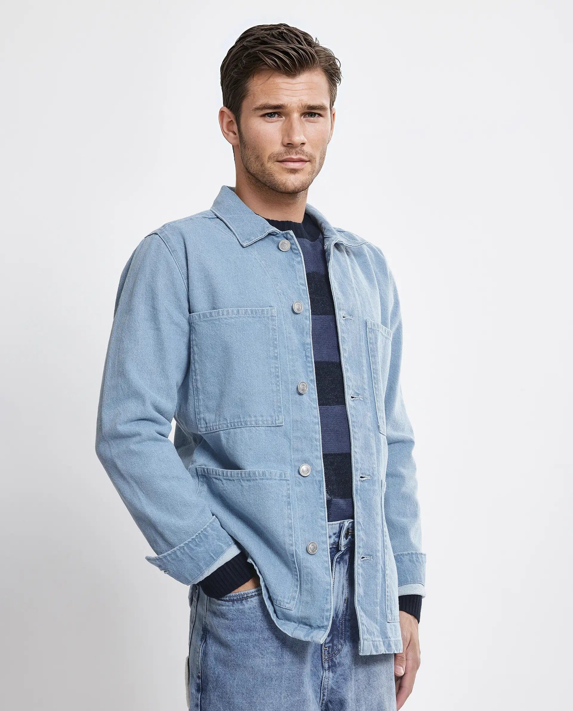 RARE Rabbit Men's Brond Light Blue Cotton Plain Regular Fit Full Sleeve Spread Collar Jacket