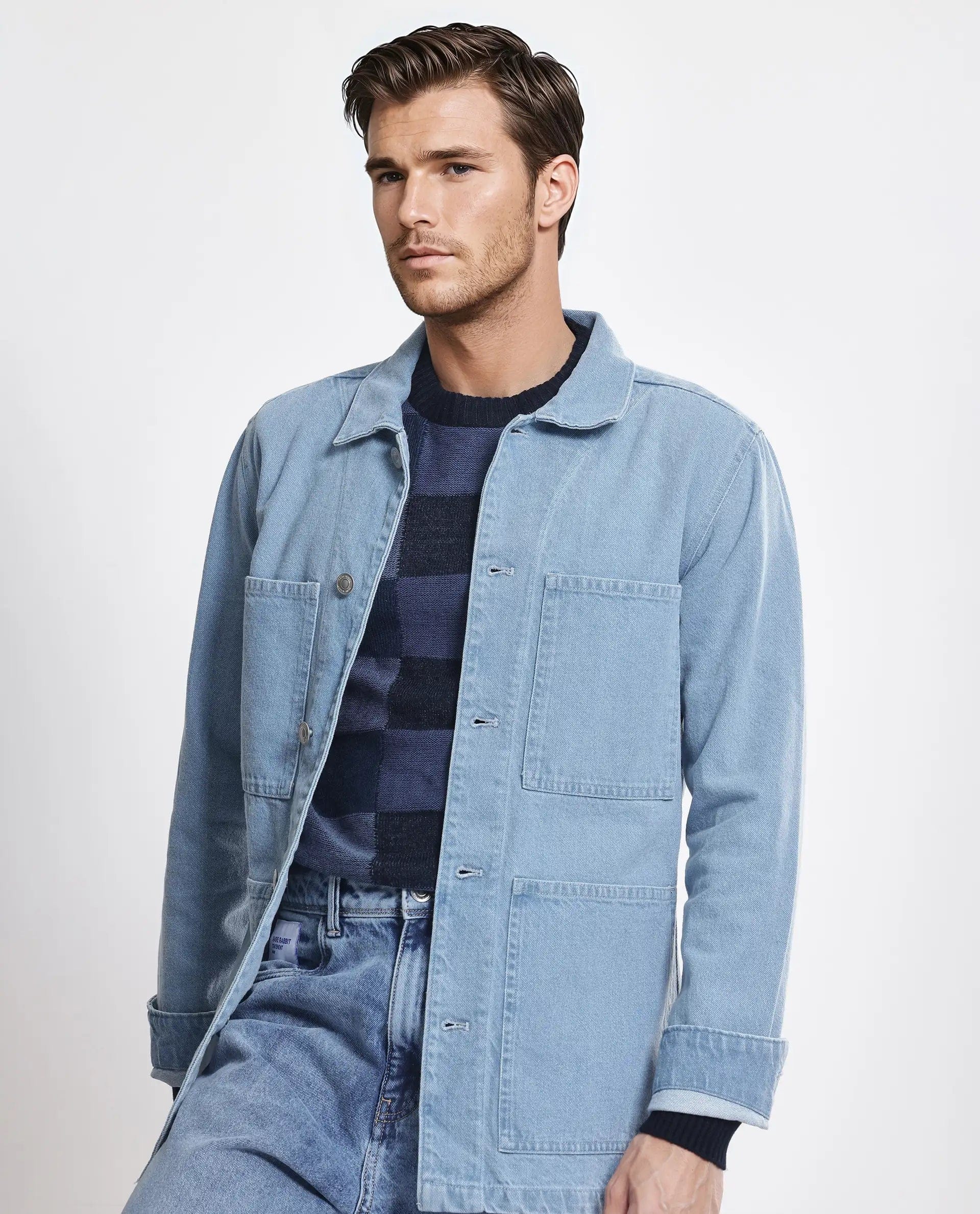 RARE Rabbit Men's Brond Light Blue Cotton Plain Regular Fit Full Sleeve Spread Collar Jacket
