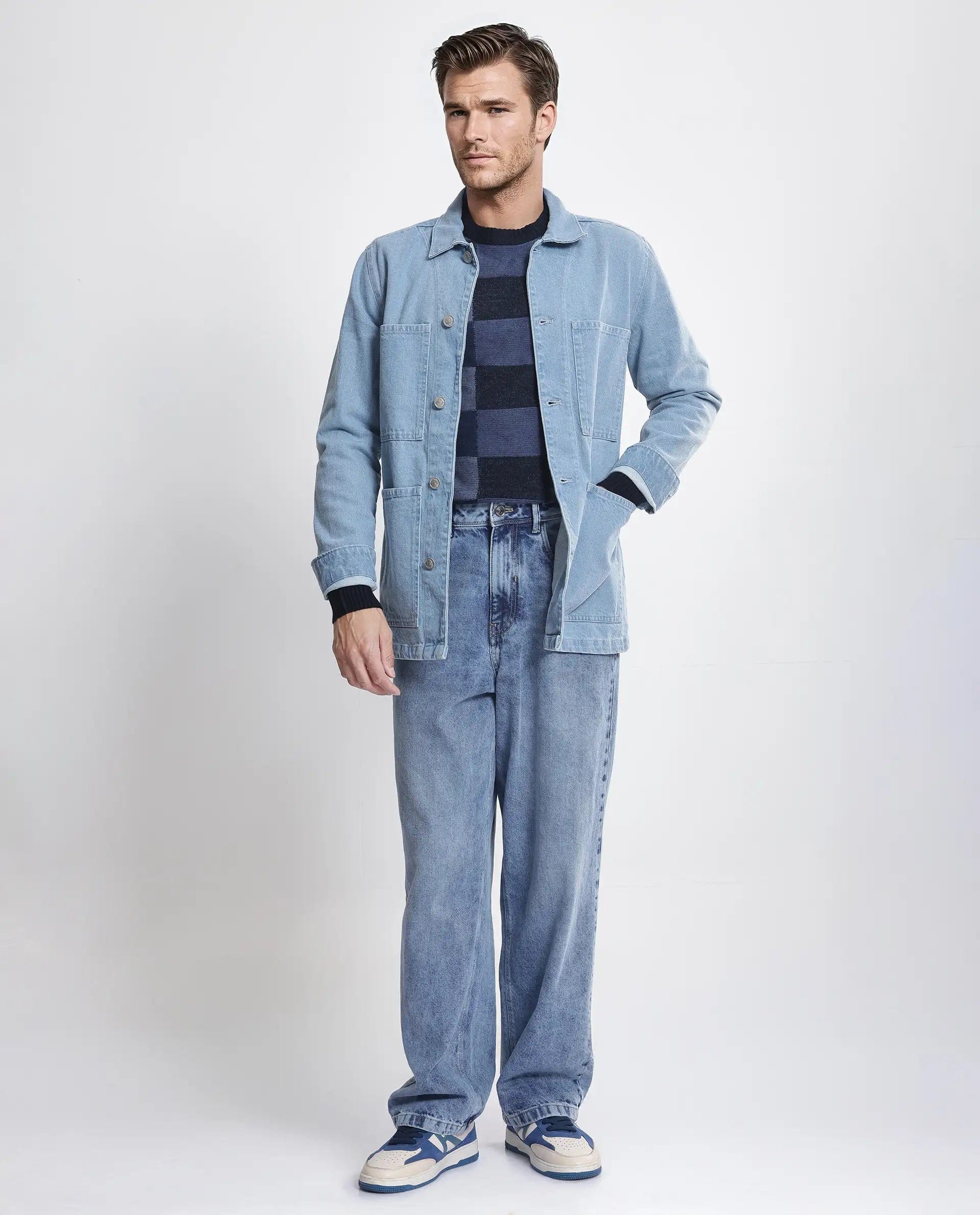 RARE Rabbit Men's Brond Light Blue Cotton Plain Regular Fit Full Sleeve Spread Collar Jacket