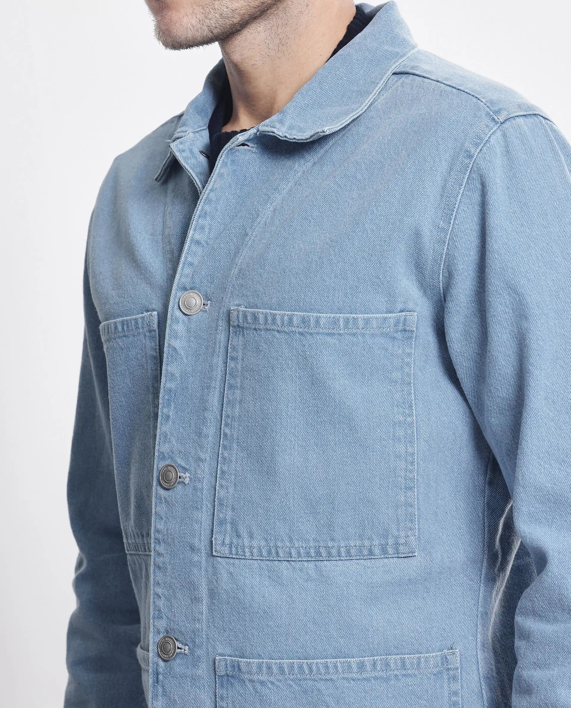 RARE Rabbit Men's Brond Light Blue Cotton Plain Regular Fit Full Sleeve Spread Collar Jacket