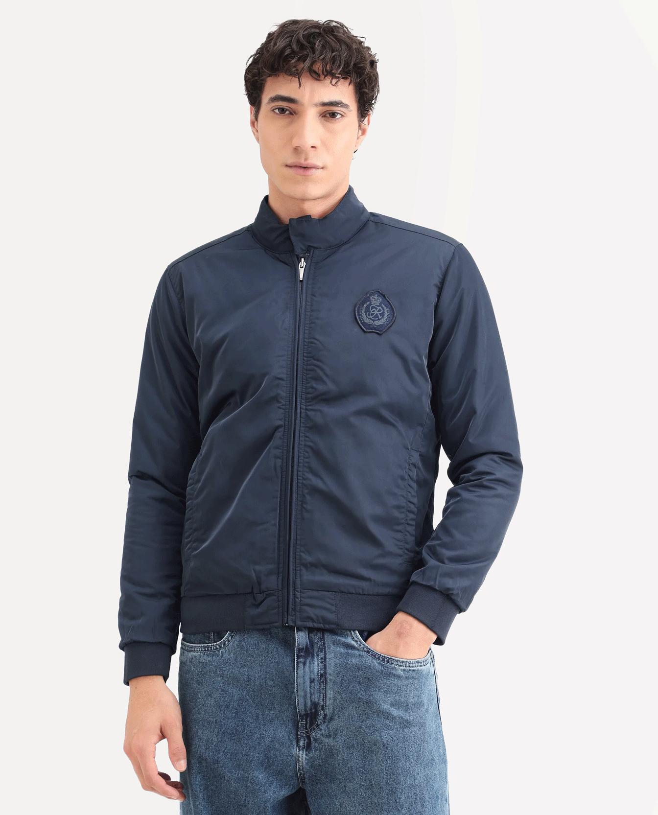 RARE Rabbit Men's Royban Navy Polyester Plain Regular Fit Full Sleeve Mandarin Collar Jacket