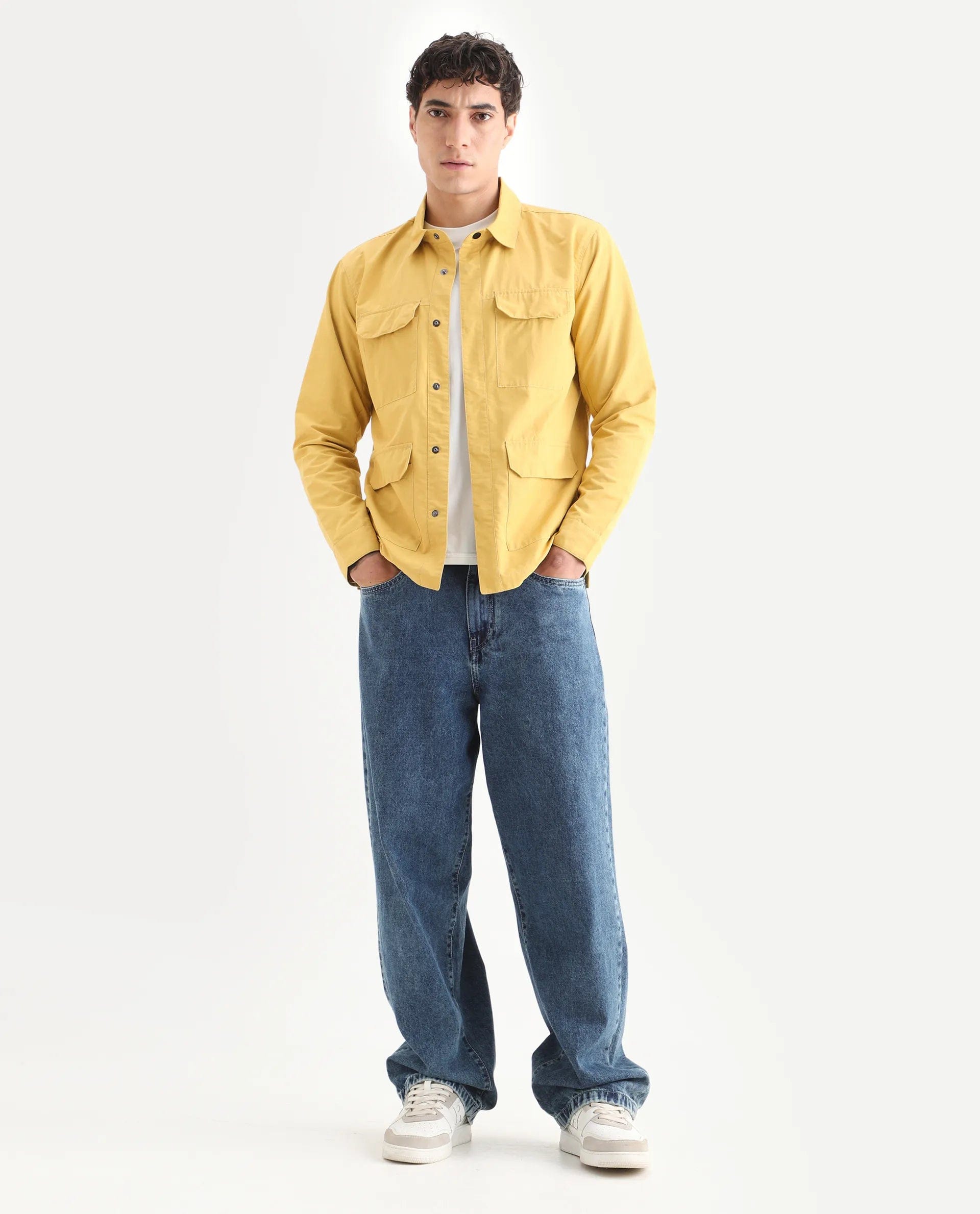 RARE Rabbit Men's Feliu Yellow Cotton Plain Regular Fit Full Sleeve Spread Collar Jacket