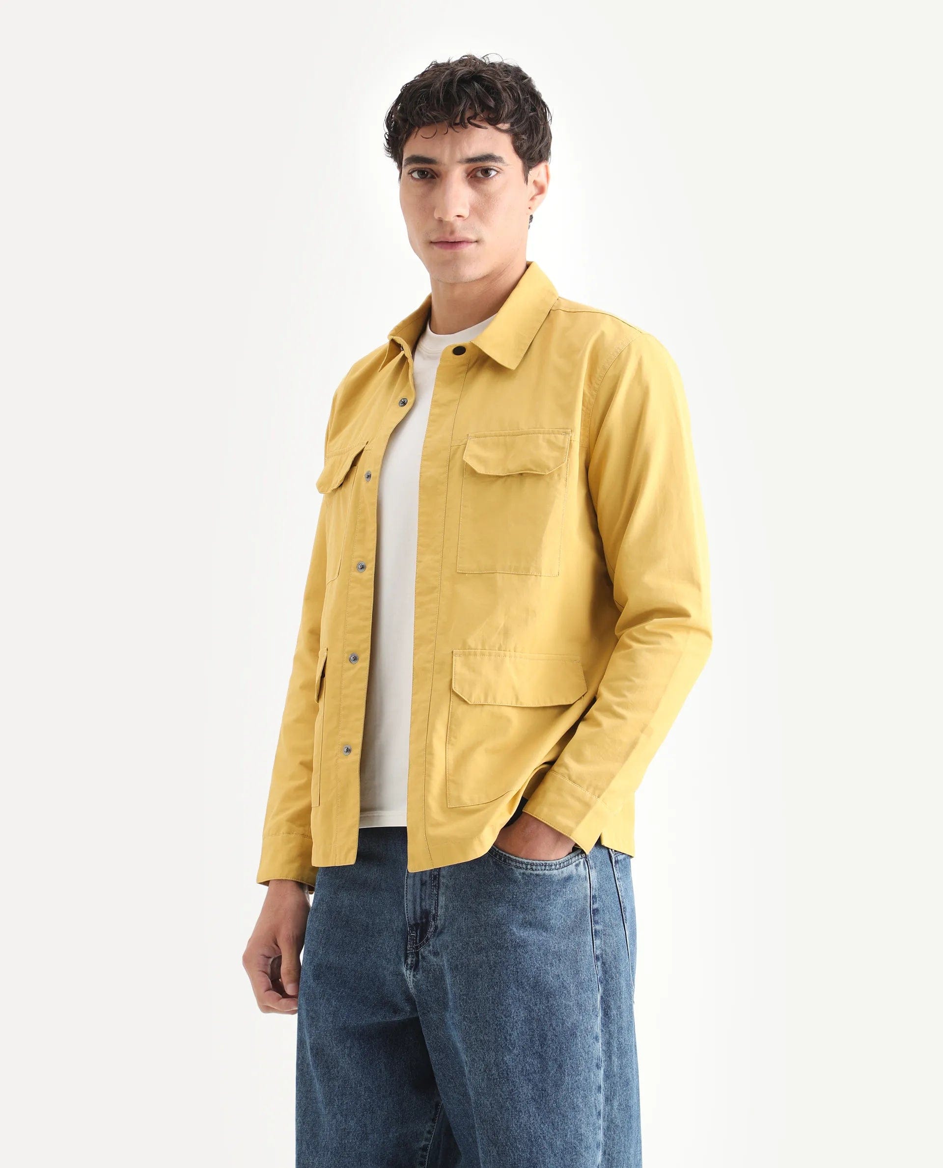 RARE Rabbit Men's Feliu Yellow Cotton Plain Regular Fit Full Sleeve Spread Collar Jacket