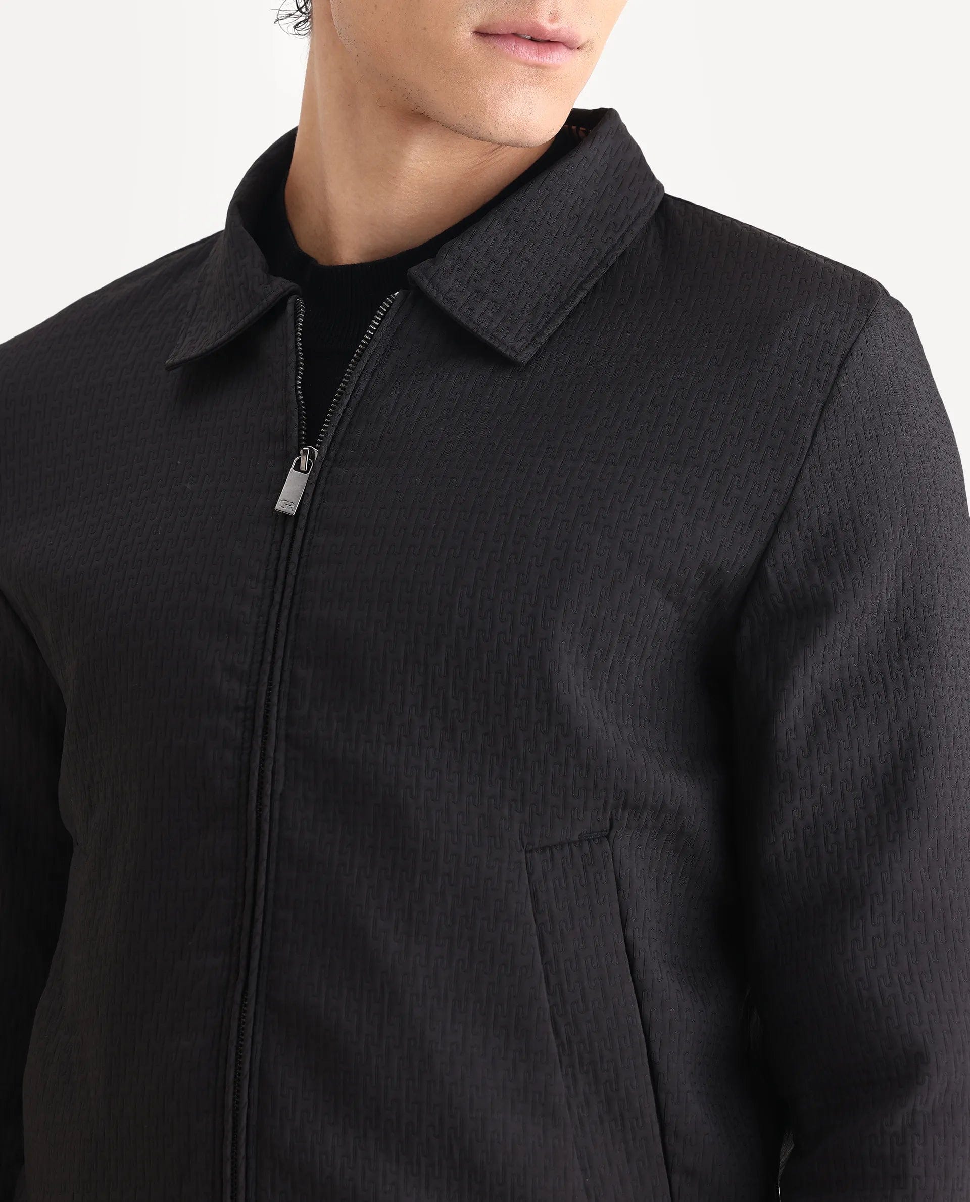 RARE Rabbit Men's Harbin Black Jacquard Jacquard Regular Fit Full Sleeve Spread Collar Jacket