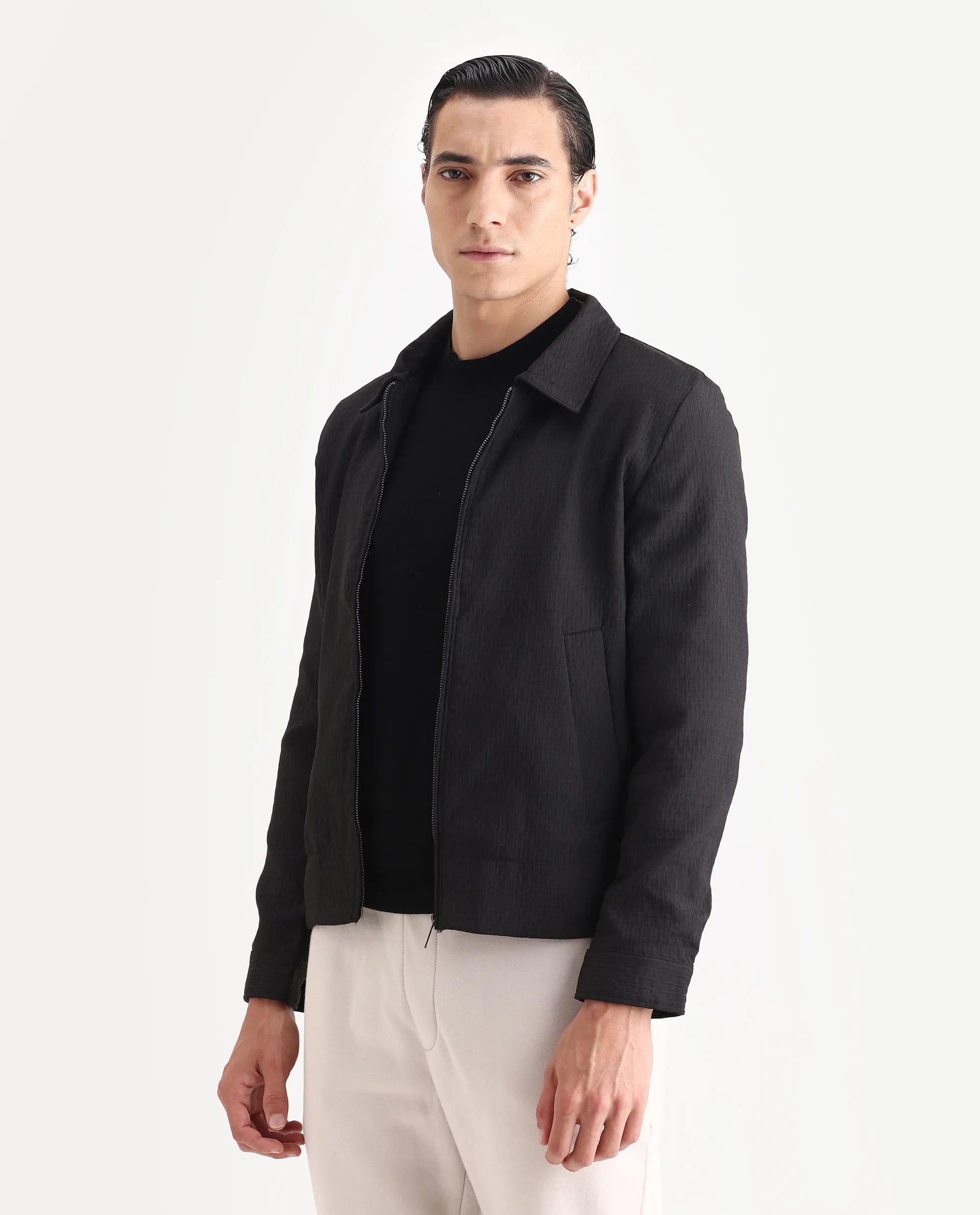 RARE Rabbit Men's Harbin Black Jacquard Jacquard Regular Fit Full Sleeve Spread Collar Jacket