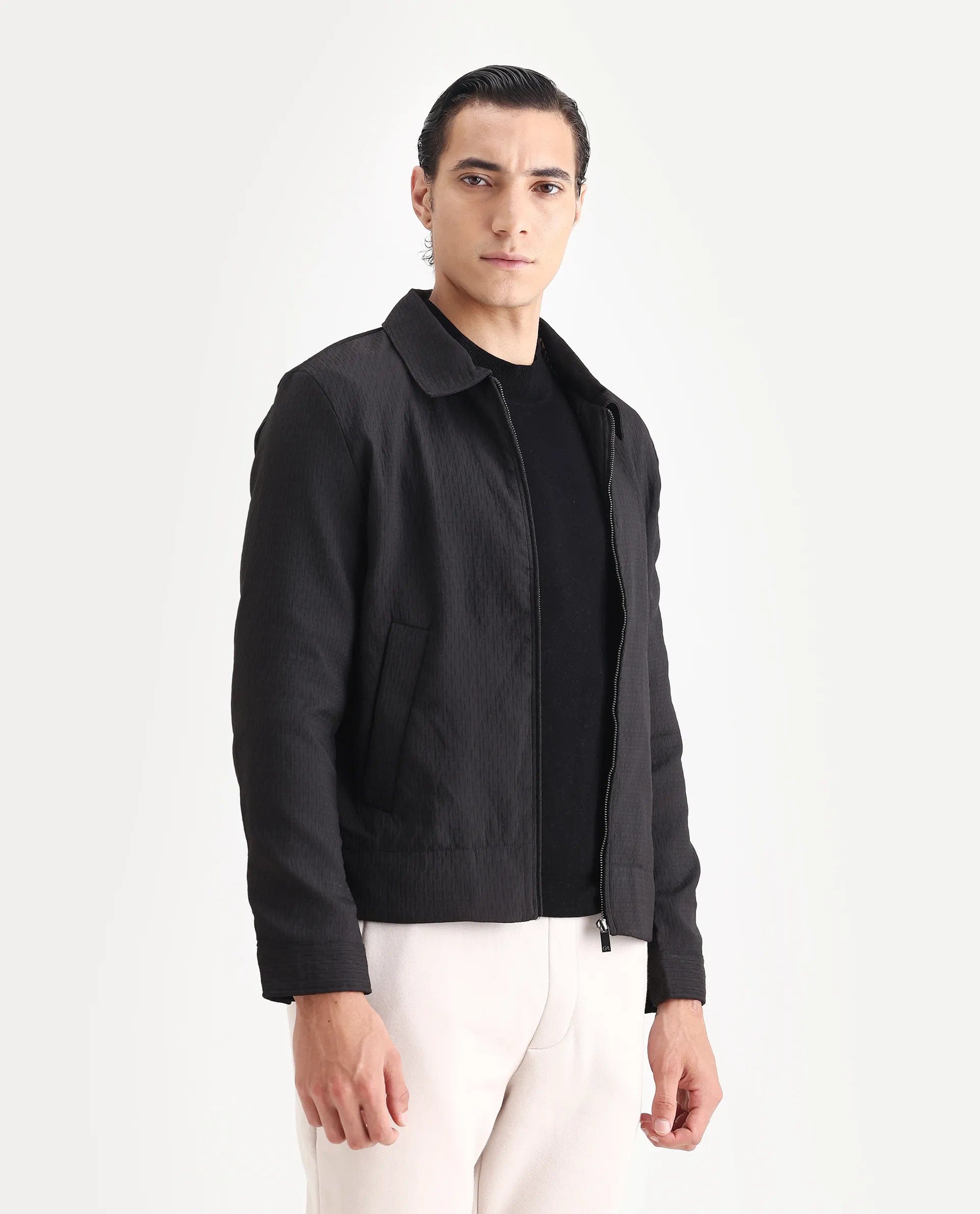 RARE Rabbit Men's Harbin Black Jacquard Jacquard Regular Fit Full Sleeve Spread Collar Jacket