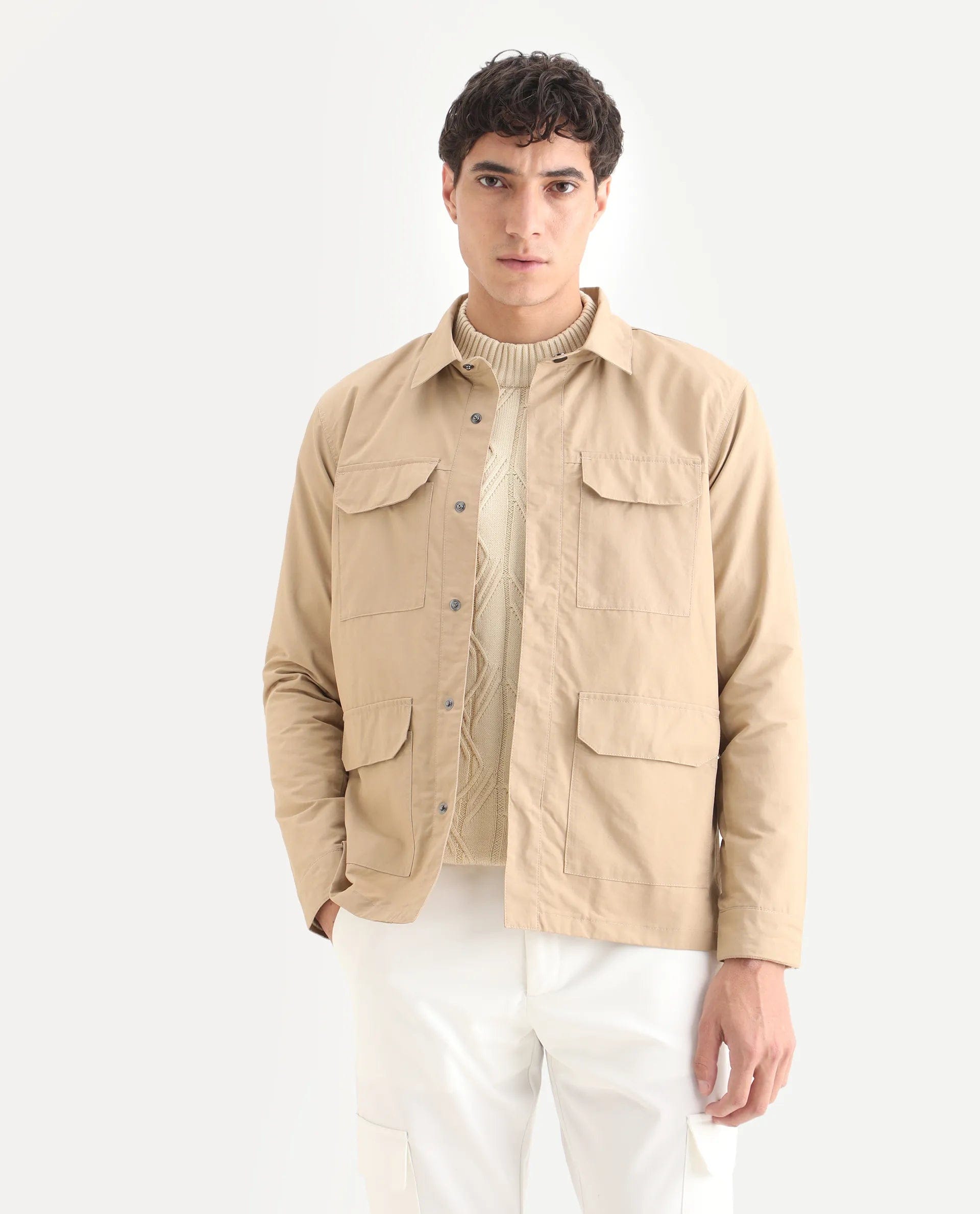 RARE Rabbit Men's Feliu Light Beige Cotton Plain Regular Fit Full Sleeve Spread Collar Jacket