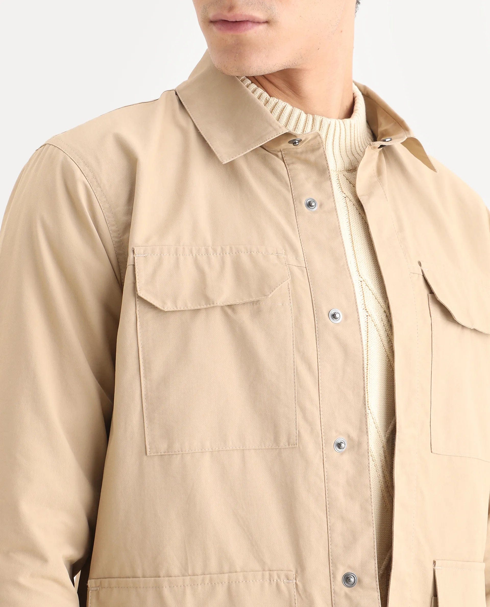 RARE Rabbit Men's Feliu Light Beige Cotton Plain Regular Fit Full Sleeve Spread Collar Jacket