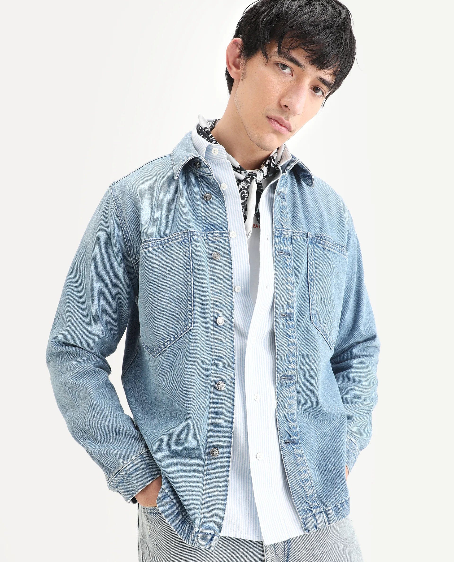 RARE Rabbit Men's Tycho Blue Cotton Plain Oversized Fit Full Sleeve Spread Collar Jacket