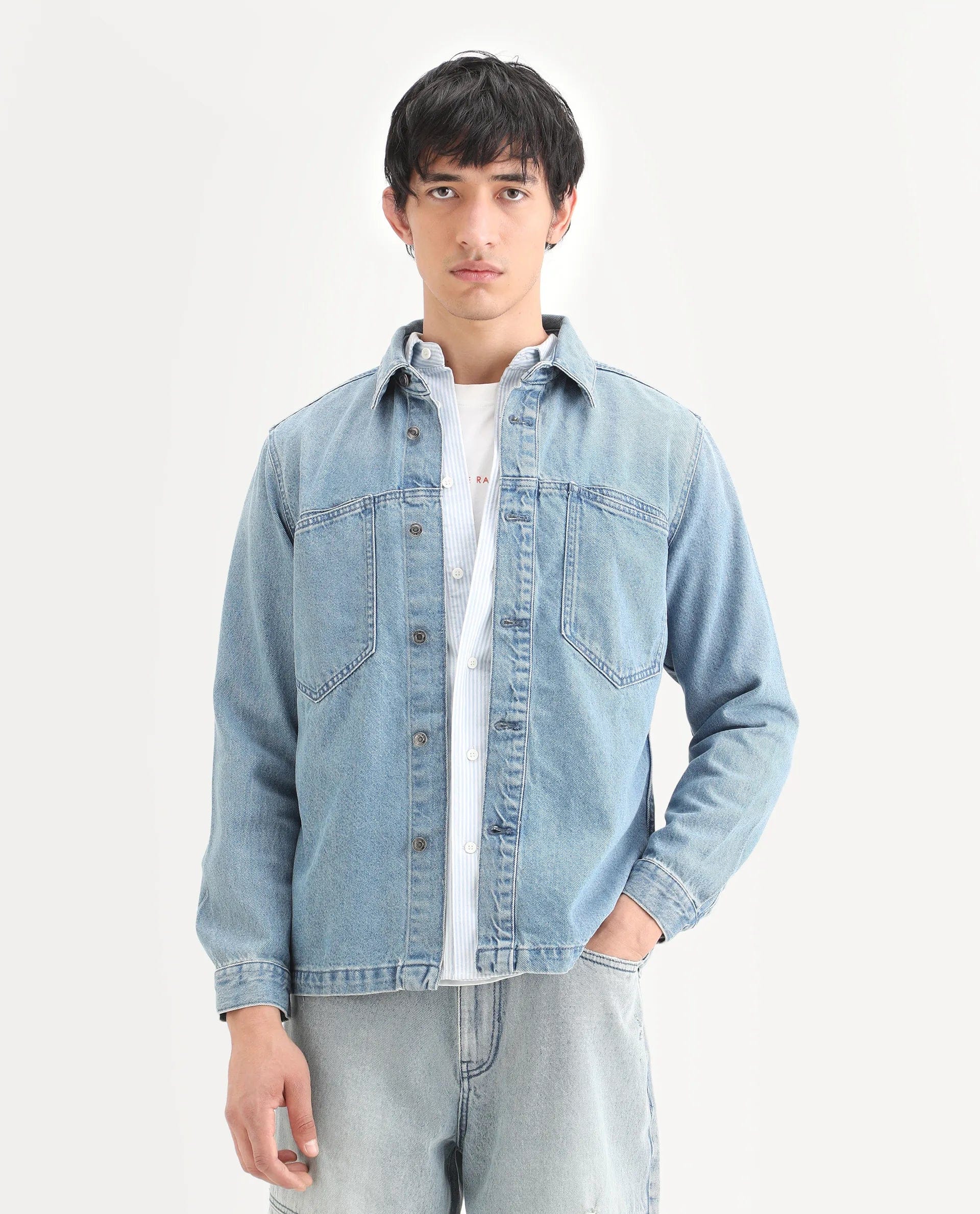 RARE Rabbit Men's Tycho Blue Cotton Plain Oversized Fit Full Sleeve Spread Collar Jacket