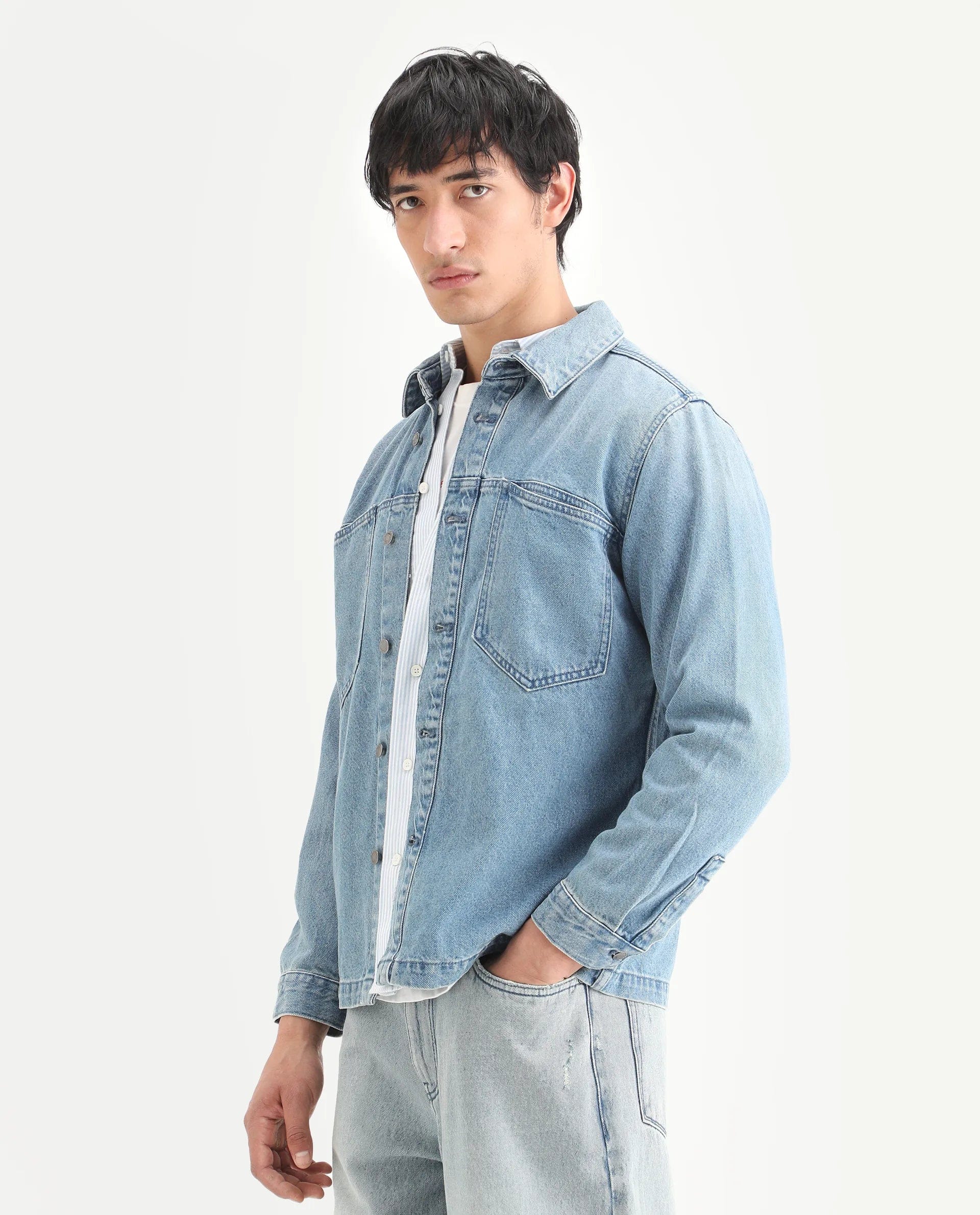 RARE Rabbit Men's Tycho Blue Cotton Plain Oversized Fit Full Sleeve Spread Collar Jacket