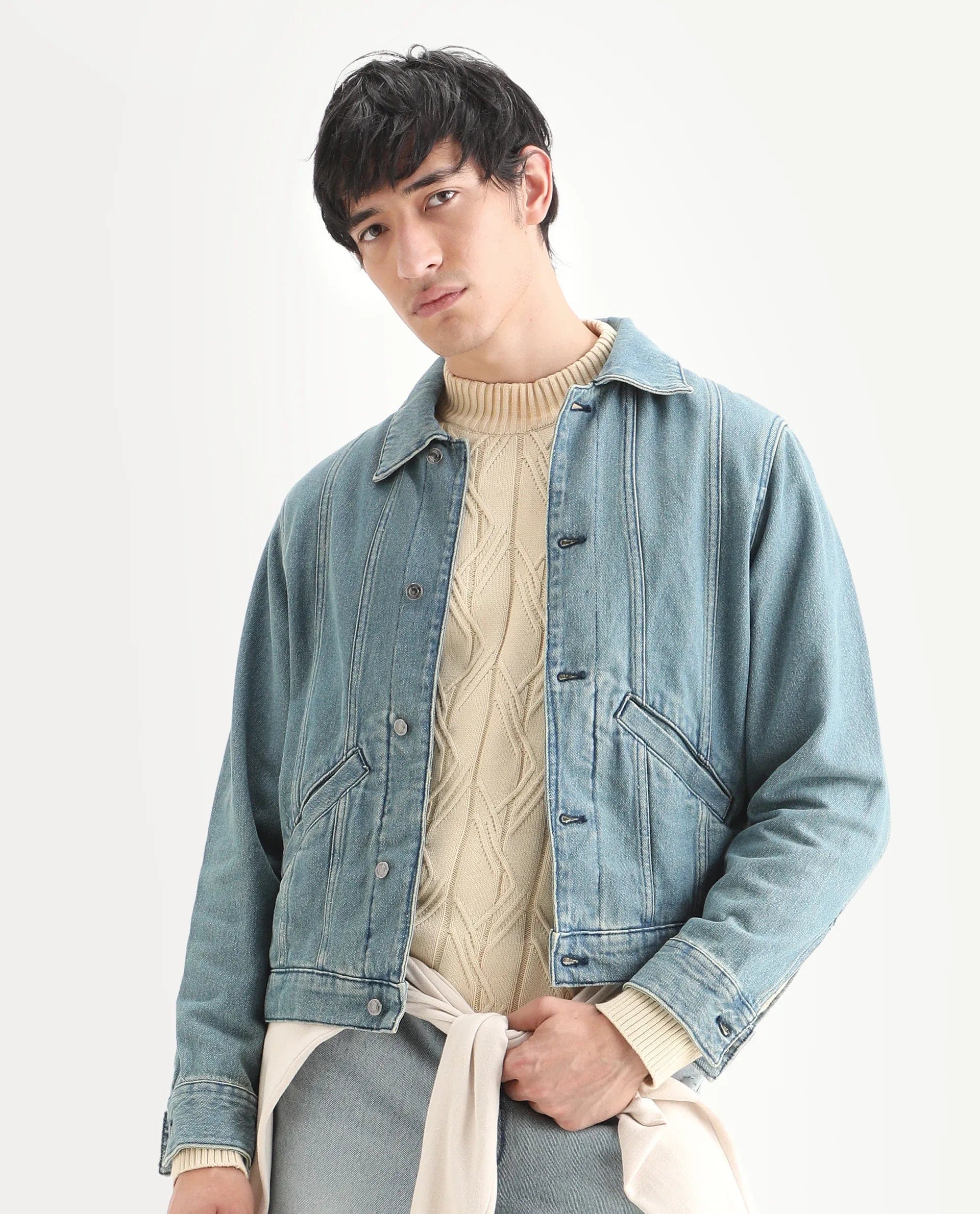 RARE Rabbit Men's Gausst Blue Cotton Plain Regular Fit Full Sleeve Spread Collar Jacket