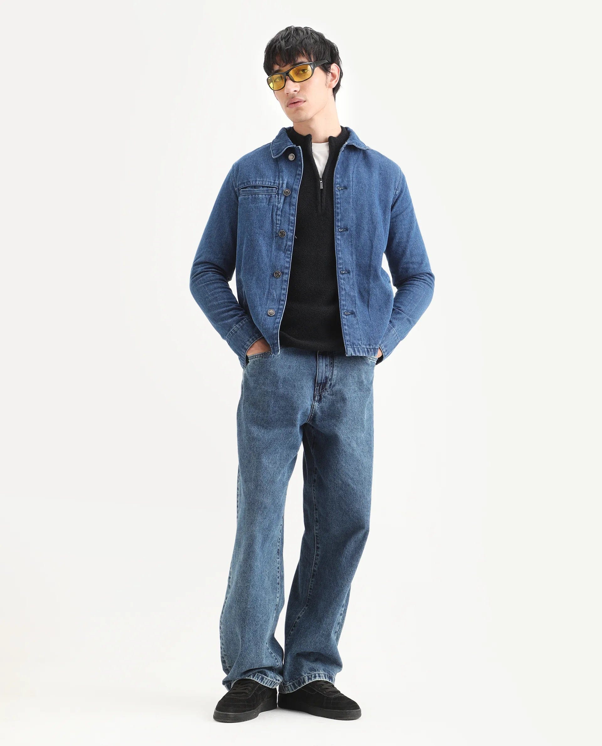 RARE Rabbit Men's Nio Blue Cotton Plain Regular Fit Full Sleeve Spread Collar Jacket
