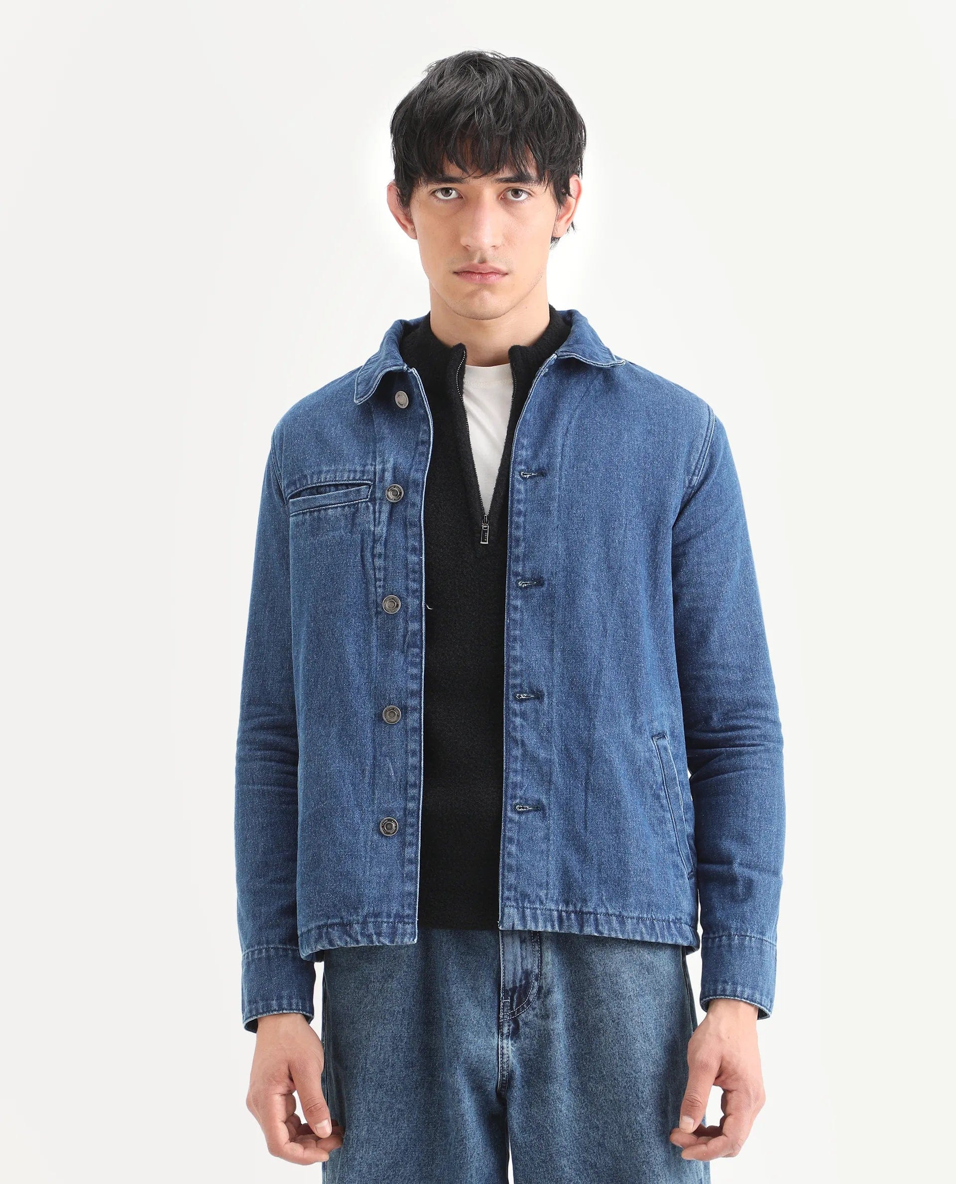 RARE Rabbit Men's Nio Blue Cotton Plain Regular Fit Full Sleeve Spread Collar Jacket