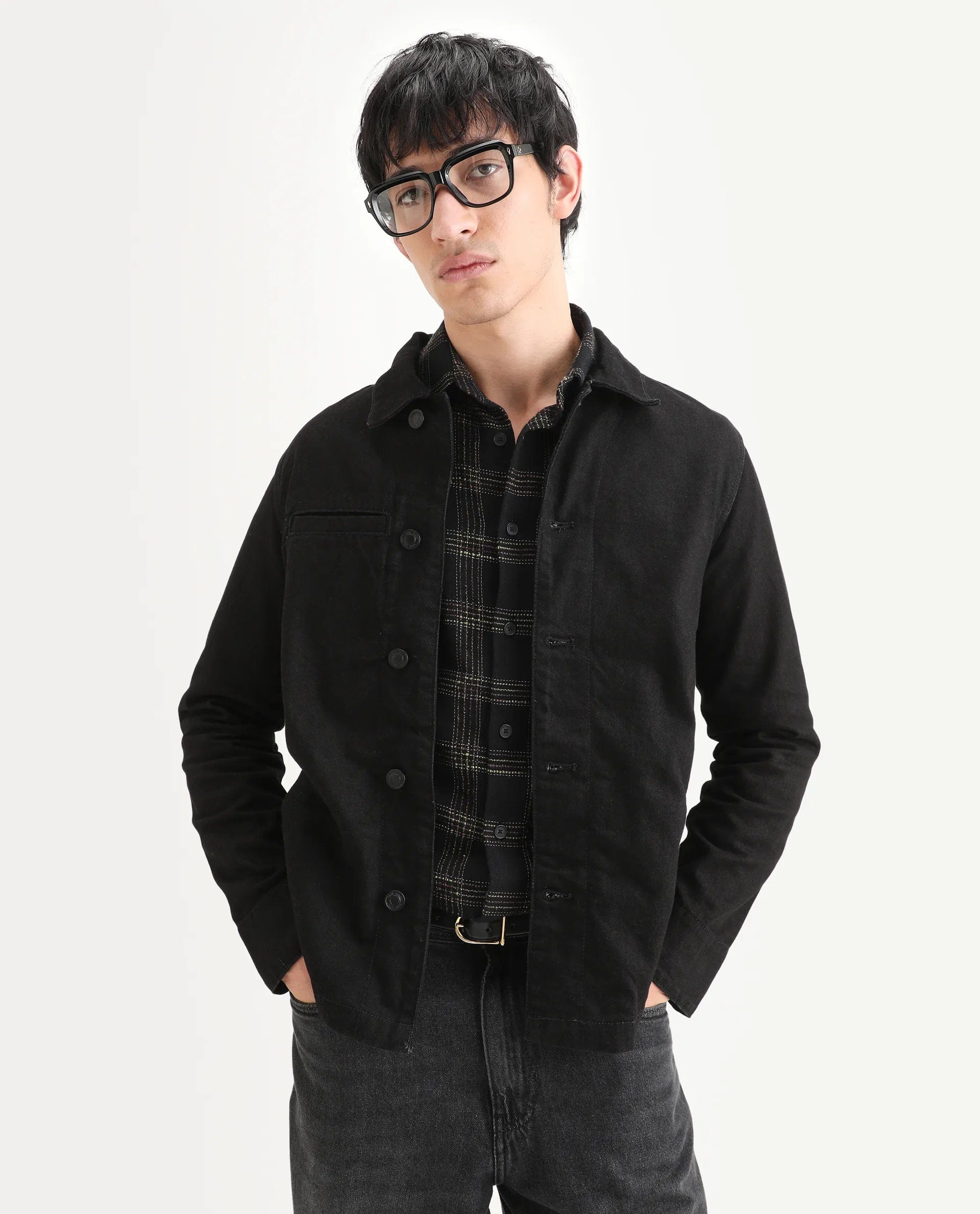 RARE Rabbit Men's Nio Black Cotton Plain Regular Fit Full Sleeve Spread Collar Jacket