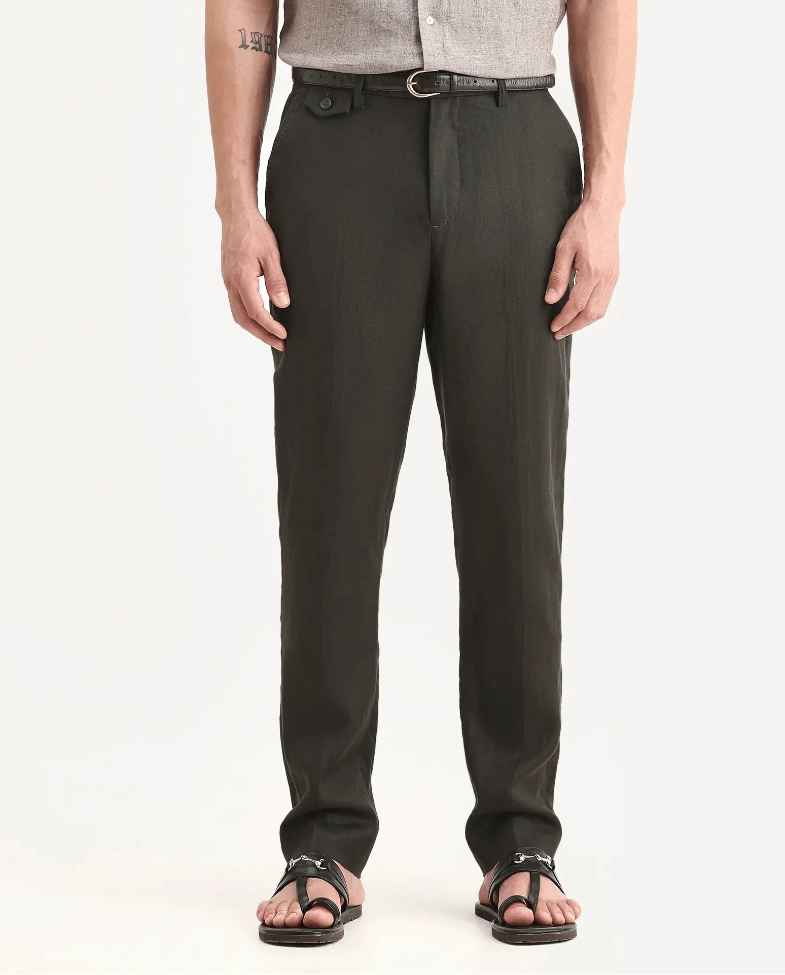 RARE Rabbit Men's Arcelo - 2 Olive 100% Linen Plain Regular Fit Trouser
